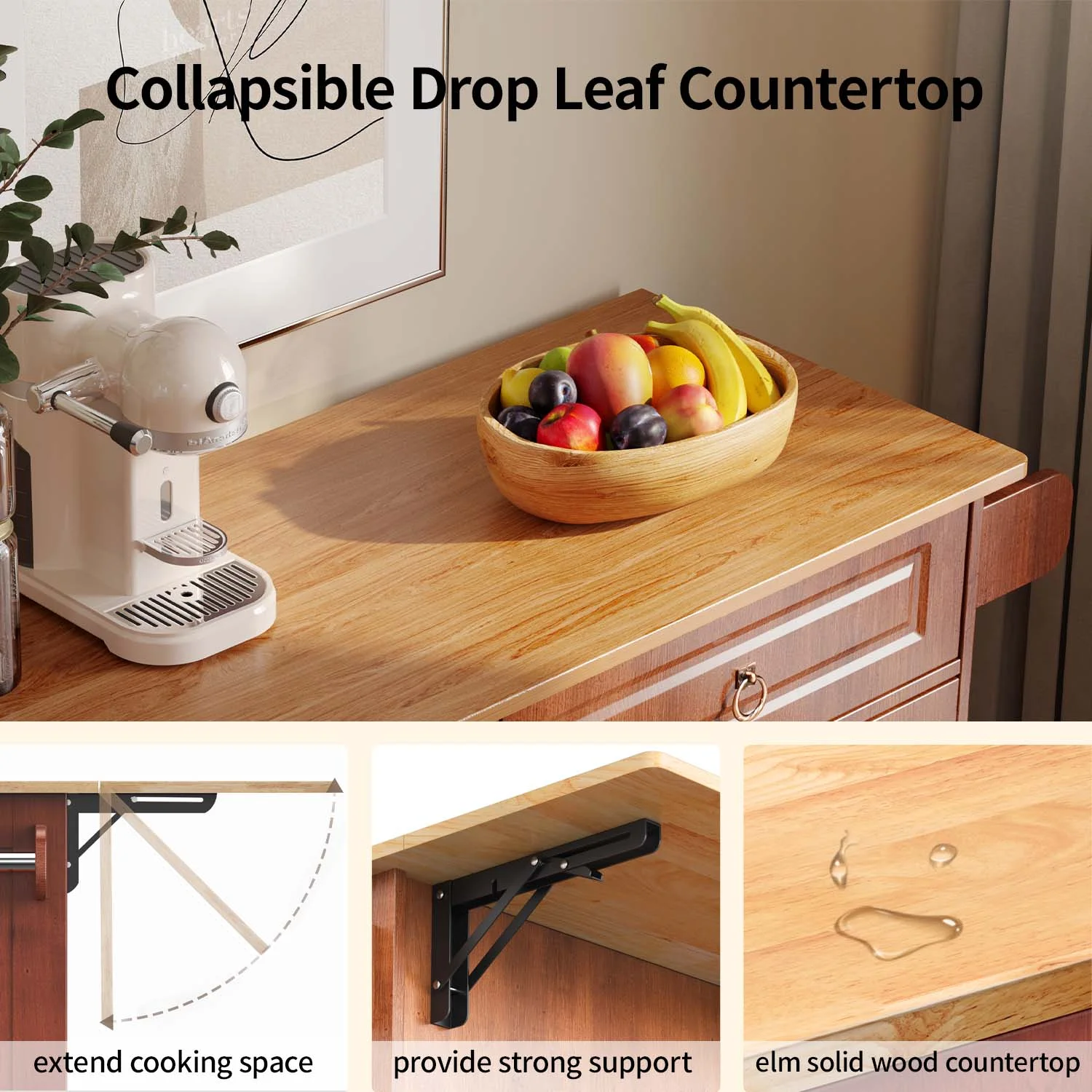 Lofka 52-Inch Kitchen Island with Storage on Wheels with Wood Drop Leaf, Ideal for Small Kitchens - Image 18