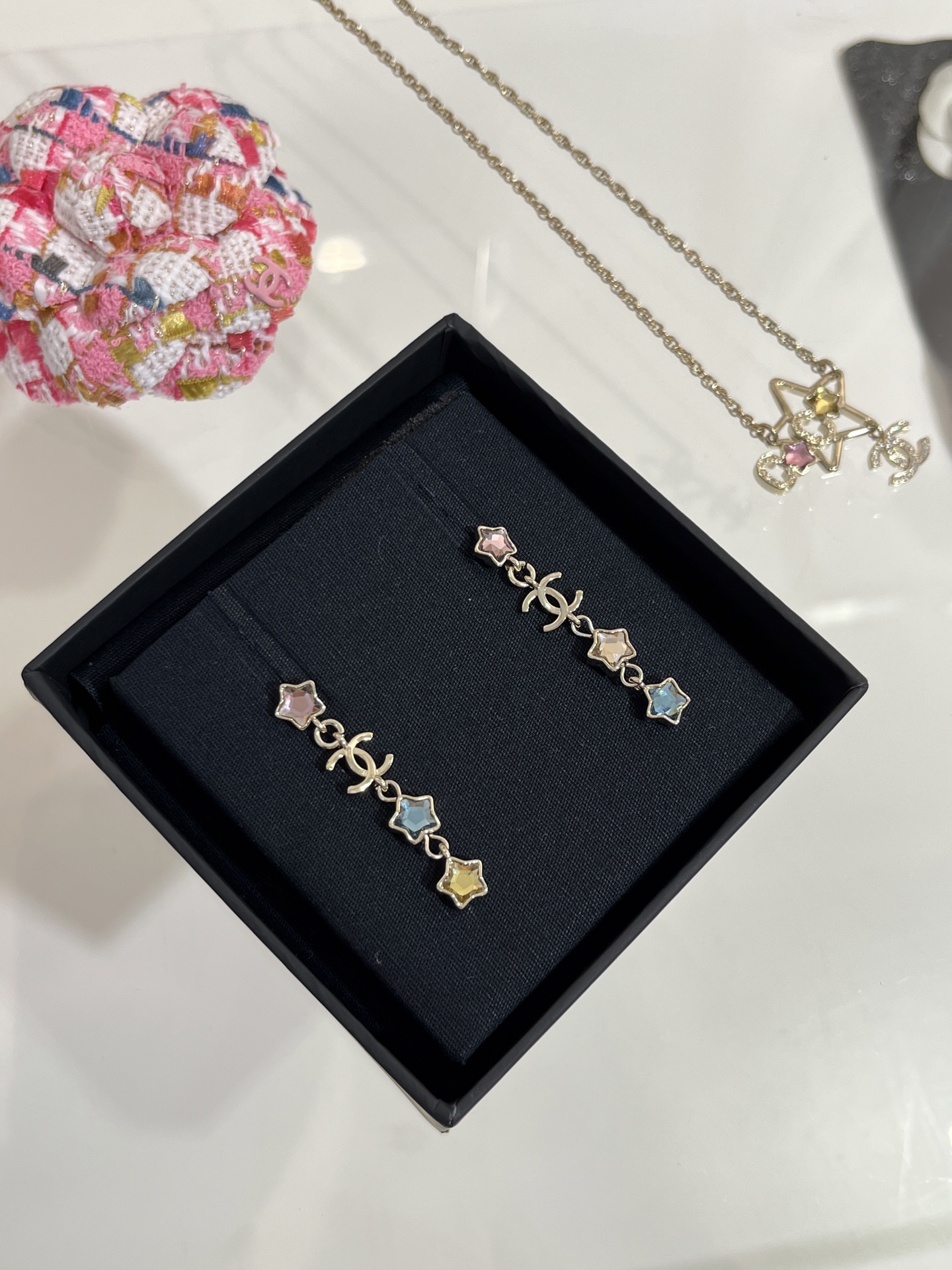 Chanel Asymmetric Colorful Crystal Star Tassel Earrings - Original Replica Club