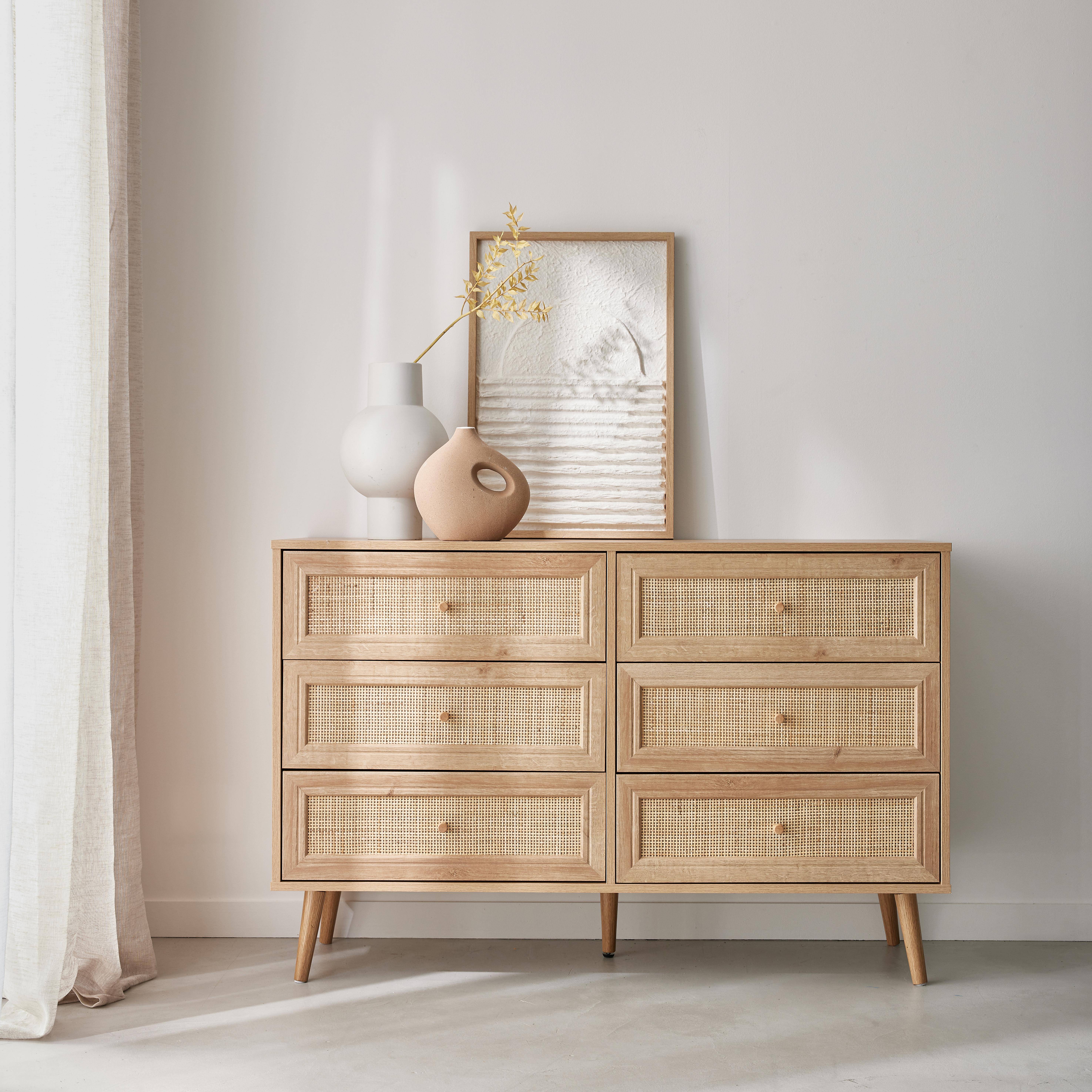 Boheme - Cómoda de 6 cajones con efecto madera y caña