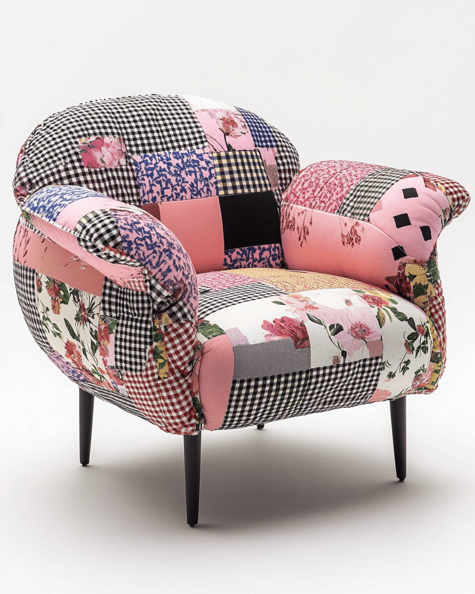 Sillón tapizado patchwork multicolor con patas de metal – rosa/multicolor – estilo bohemio