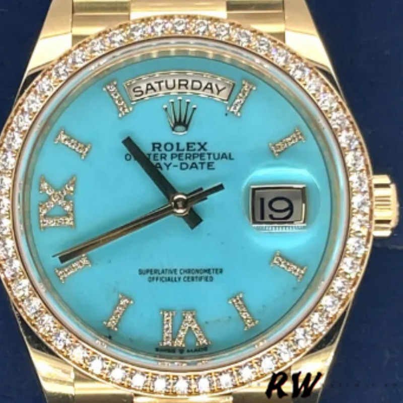 Rolex Day-Date 128348RBR Turquoise Diamond Dial Yellow Gold 36MM Unisex Replica Watch