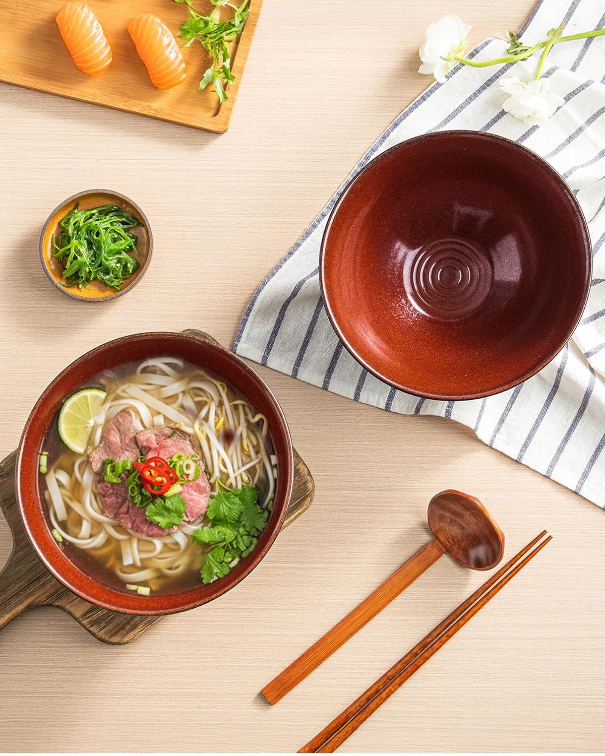Large Japanese Ramen Bowl Set of 4, Material Safety Ceramic Ramen Bowls with Matching Chopsticks and Spoons, 8 Inch 40oz Pho Bowls Ramen Noodle Bowl for Asian Udon Soup Salad Cereal(Red)