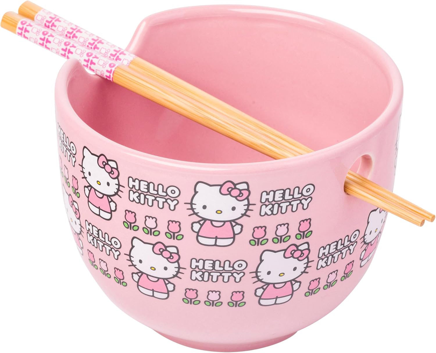 Silver Buffalo Sanrio Hello Kitty Face with Different Color Bows Pattern Ceramic Ramen Noodle Rice Bowl with Chopsticks, Microwave Safe, 20 Ounces