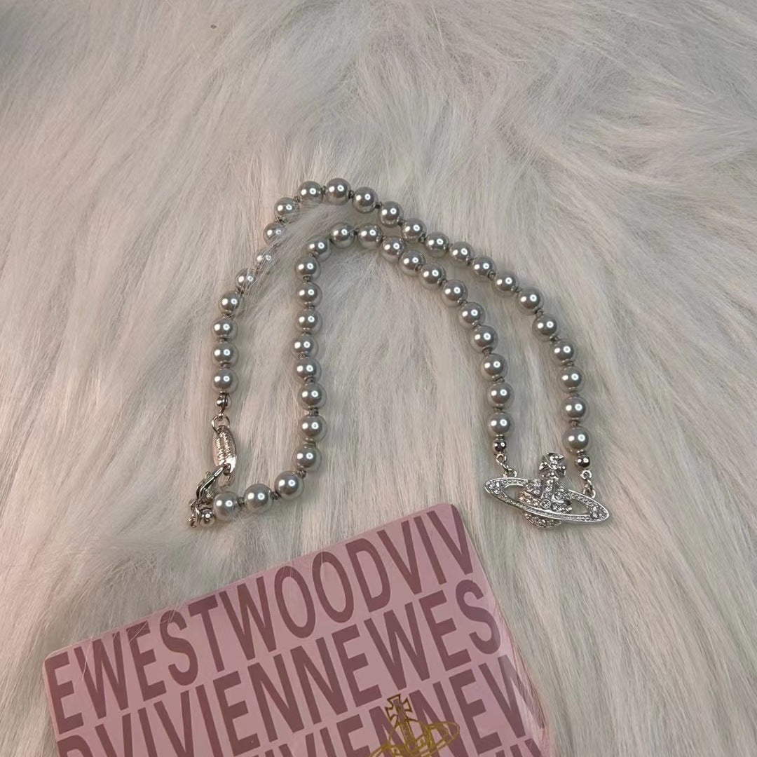 Vivienne Westwood Saturn Pendant Grey Pearl Necklace - Original Replica Club