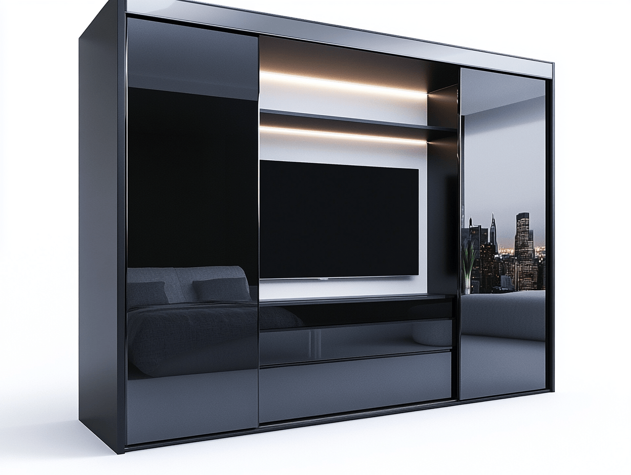 Armario moderno negro con puertas correderas espejo y luz LED integrada