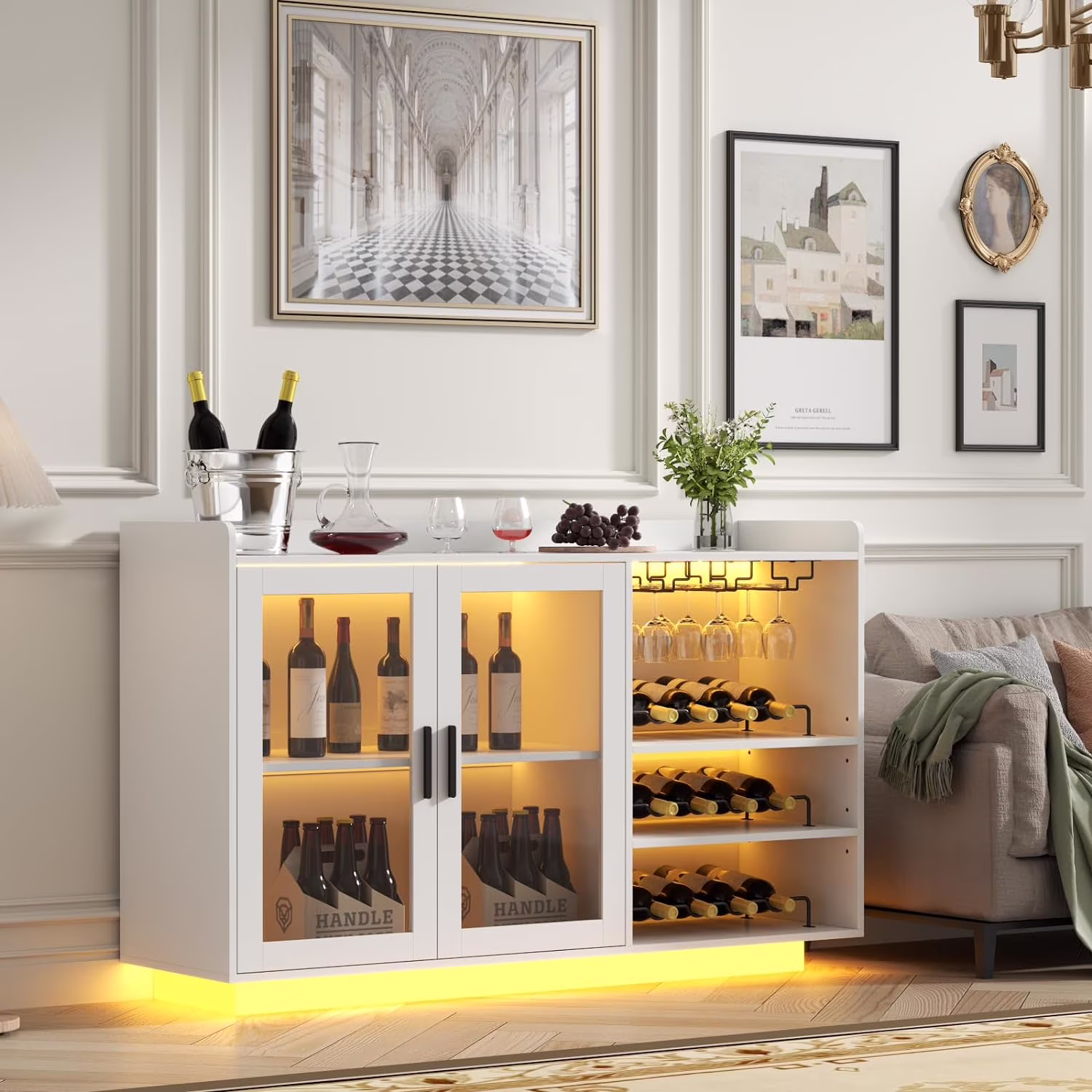Wine Bar Cabinet with LED Lights, Floating Coffee Bar with Glass Rack and Removable Wine Racks, Modern Buffet Sideboard with Storage Shelves, Kithchen Bar with Glass Cabinet Doors - Image 3