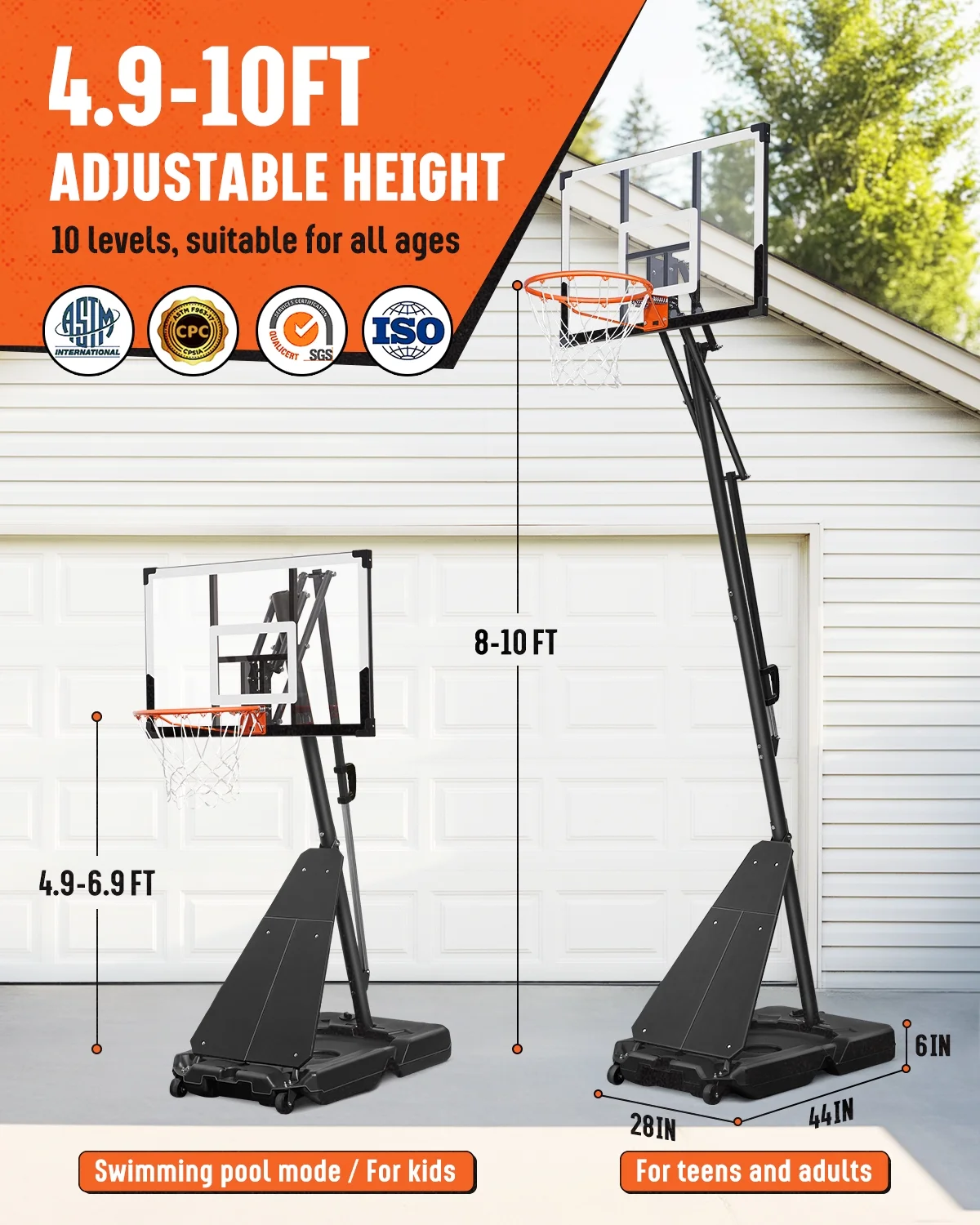 Seray Basketball Hoop with 4.8-10 feet Height Adjustable for Kids/Adults, Portable Basketball Goal with 44 inch Backboard and 2 Wheels for Outdoor/Indoor Sports - Image 8