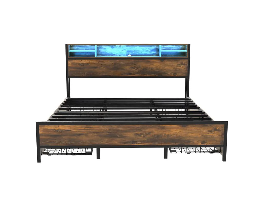 Cama doble con 4 cajones - 180x200cm - con led y función de carga - estructura de metal - marrón czy1968247