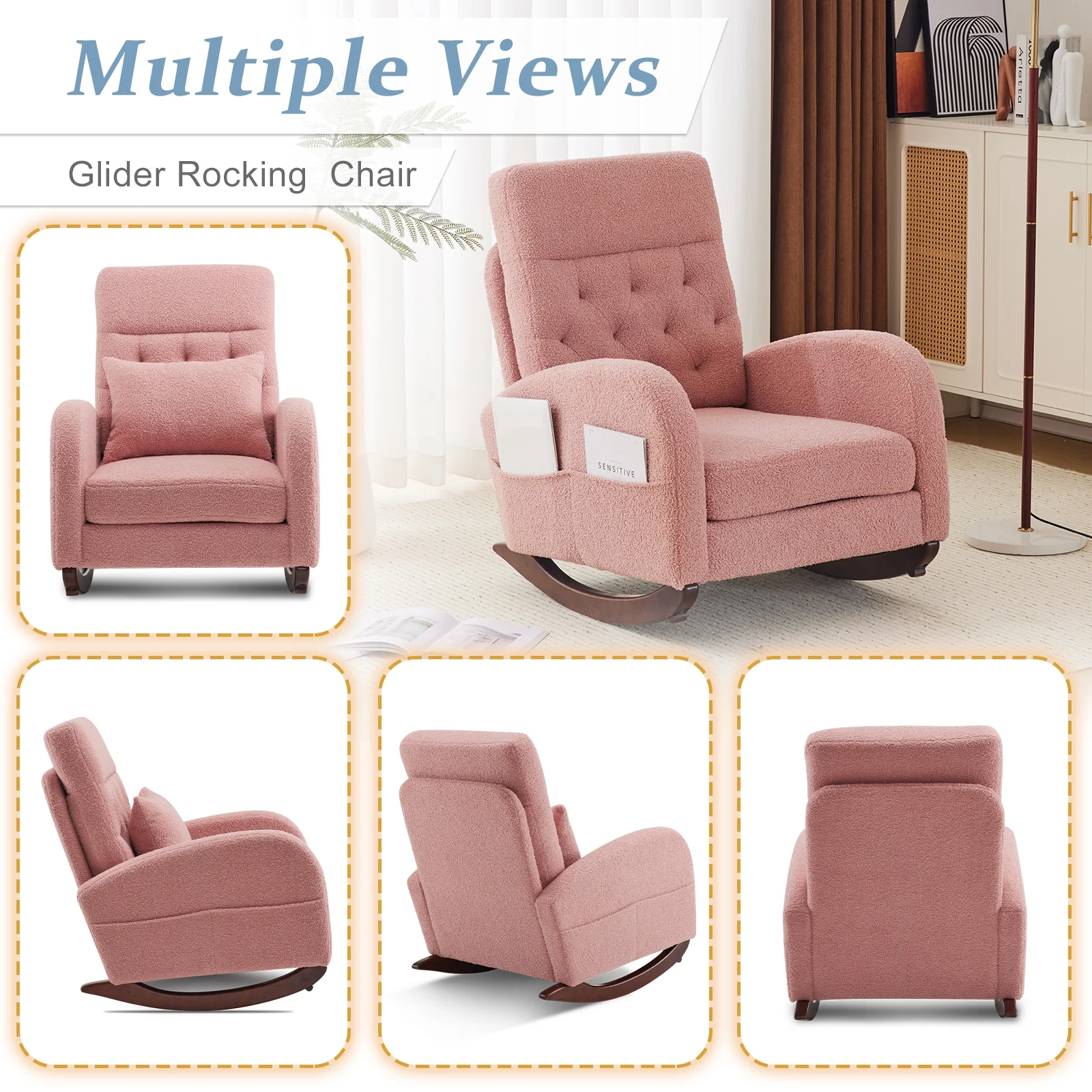 Ktaxon Rocking Accent Chair Glider Reading Chair Comfy Teddy Velvet Upholstered Single Sofa Rocker for Living Room, Nursery, Bedroom Beige - Image 62