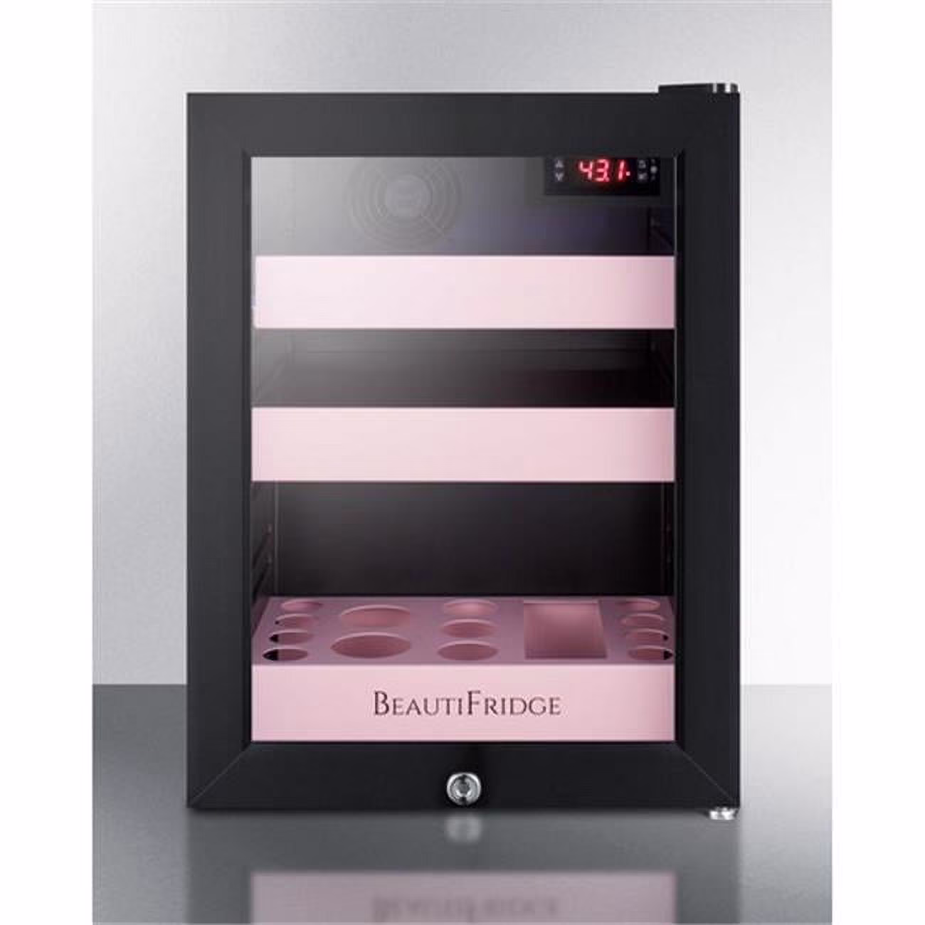 Summit Appliance 19.25 x 13.75 x 17.25 in. Beautifridge Cosmetics Refrigerator with Pink Shelving & Glass Door, Black - image 1