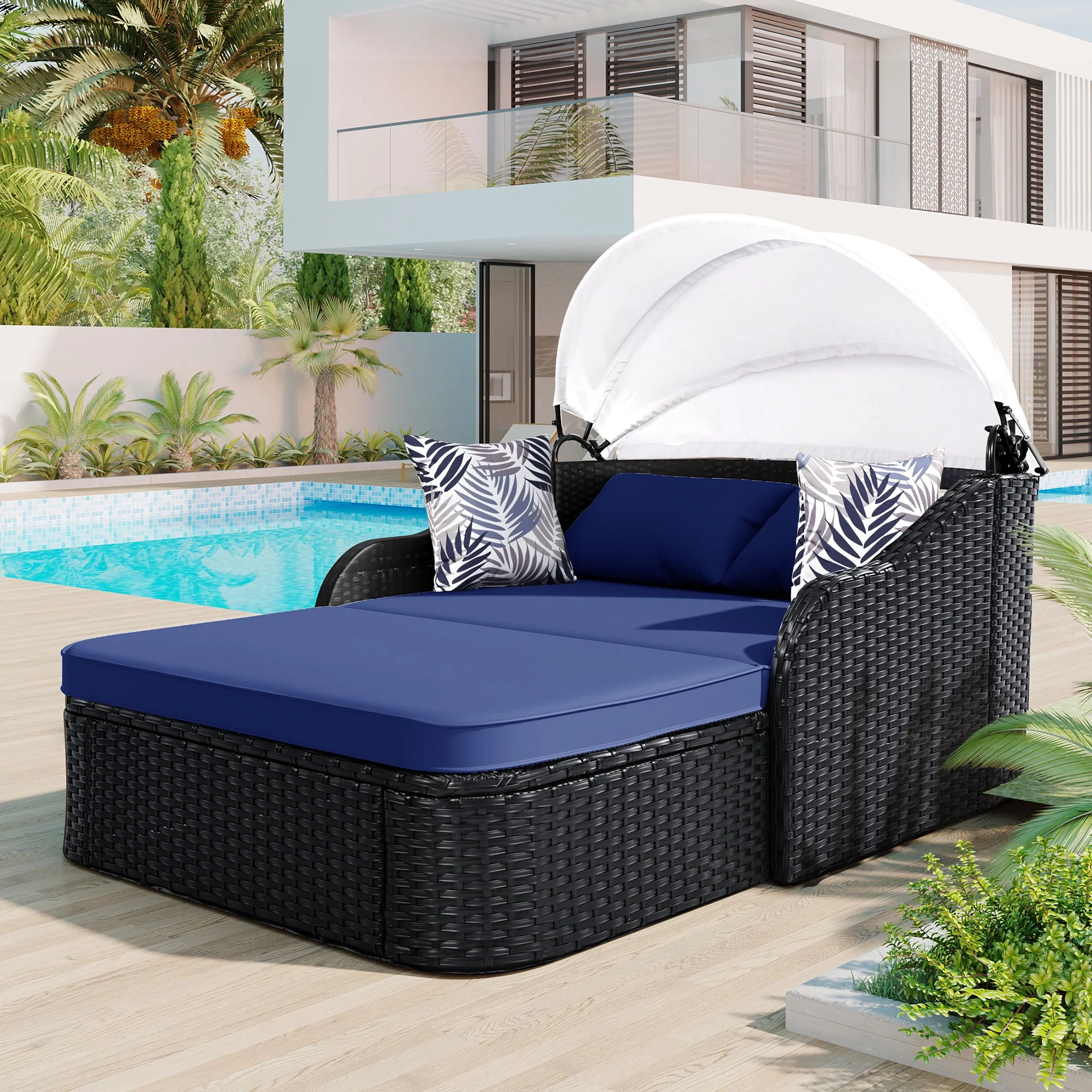 Harper & Bright Designs Rattan Outdoor Double Lounge Chaise 2-Person PE Wicker Outdoor Patio Sunbed with Canopy Cover for Backyard Garden Balcony, Beige+Black - Image 73