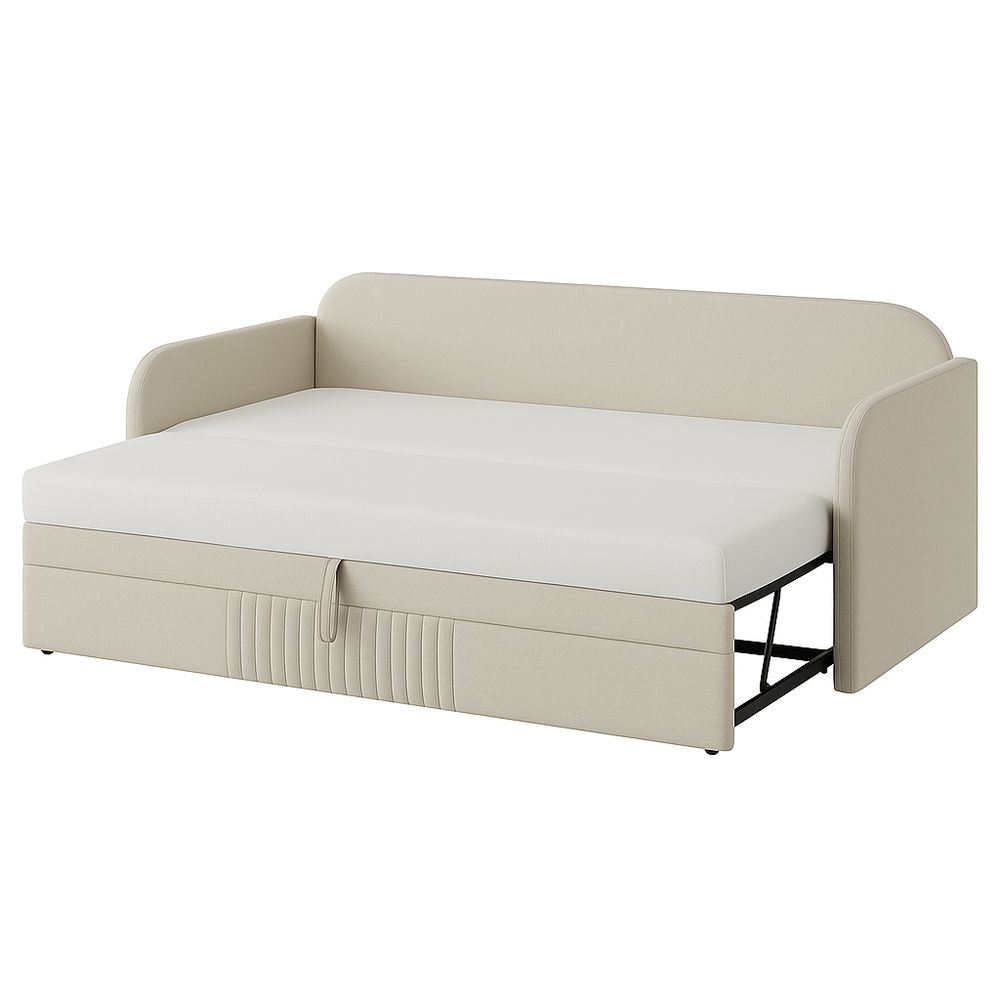 Sofá cama moderno de tela,color crema,estilo minimalista,funcionalidad convertible,incluye almacenamiento,estructura de metal