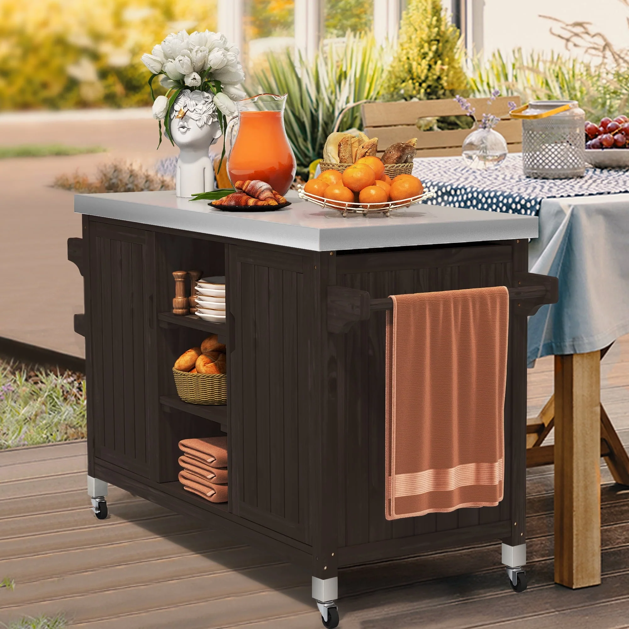Dextrus XL Solid Wood Outdoor Storage Cabinet - Versatile Movable Outdoor Grill Cart with Stainless Steel Top, Spice Rack, and Side Handle, BBQ Patio Table, Outdoor Small Kitchen Table - Image 2