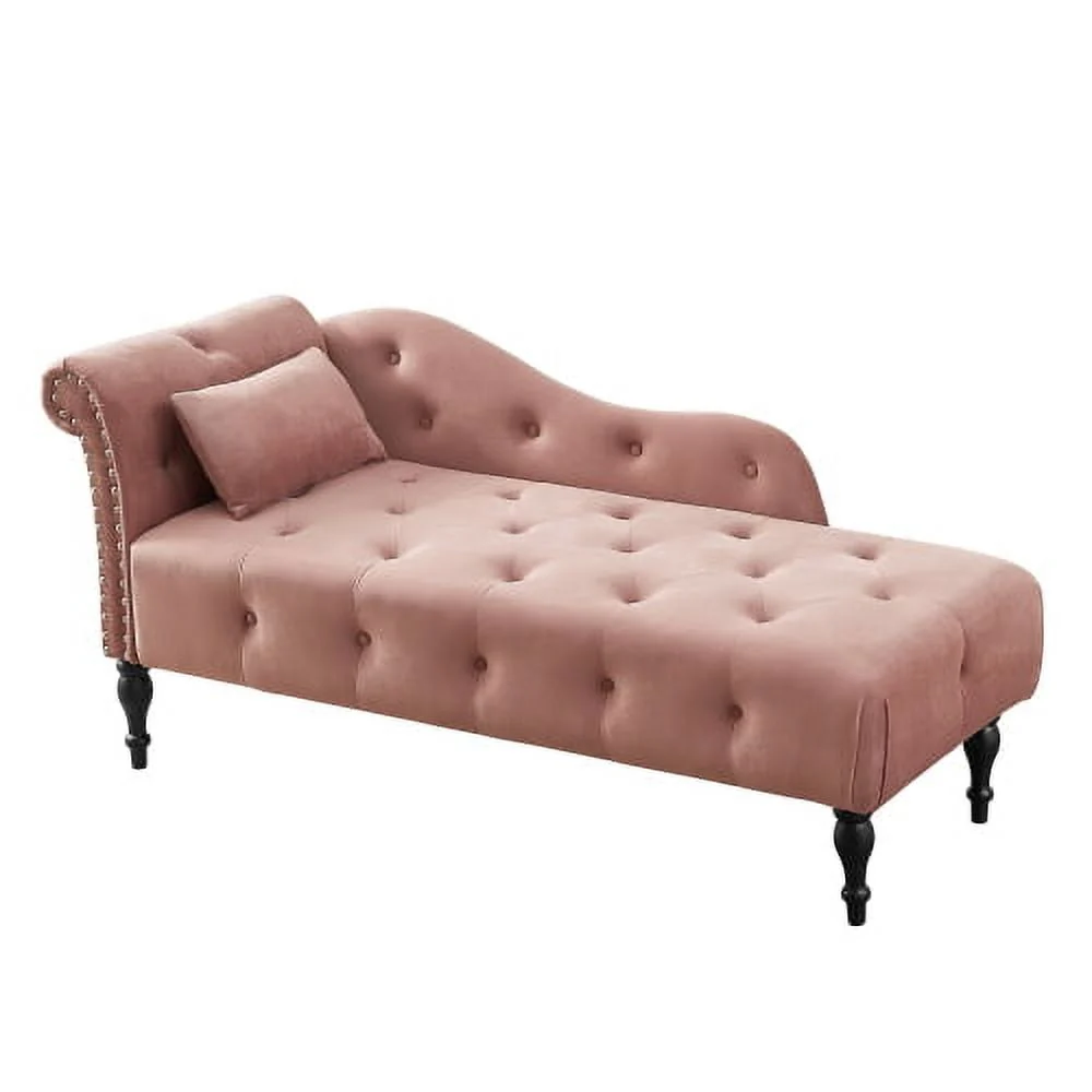 60.6" Velvet Chaise Lounge Chair, Sleeper Lounge Sofa with Buttons Tufted and Nailhead Trimmed, Modern Tufted Long Lounger with 1 Pillow and Solid Wood Legs, for Living Room or Office, Rose - Image 2