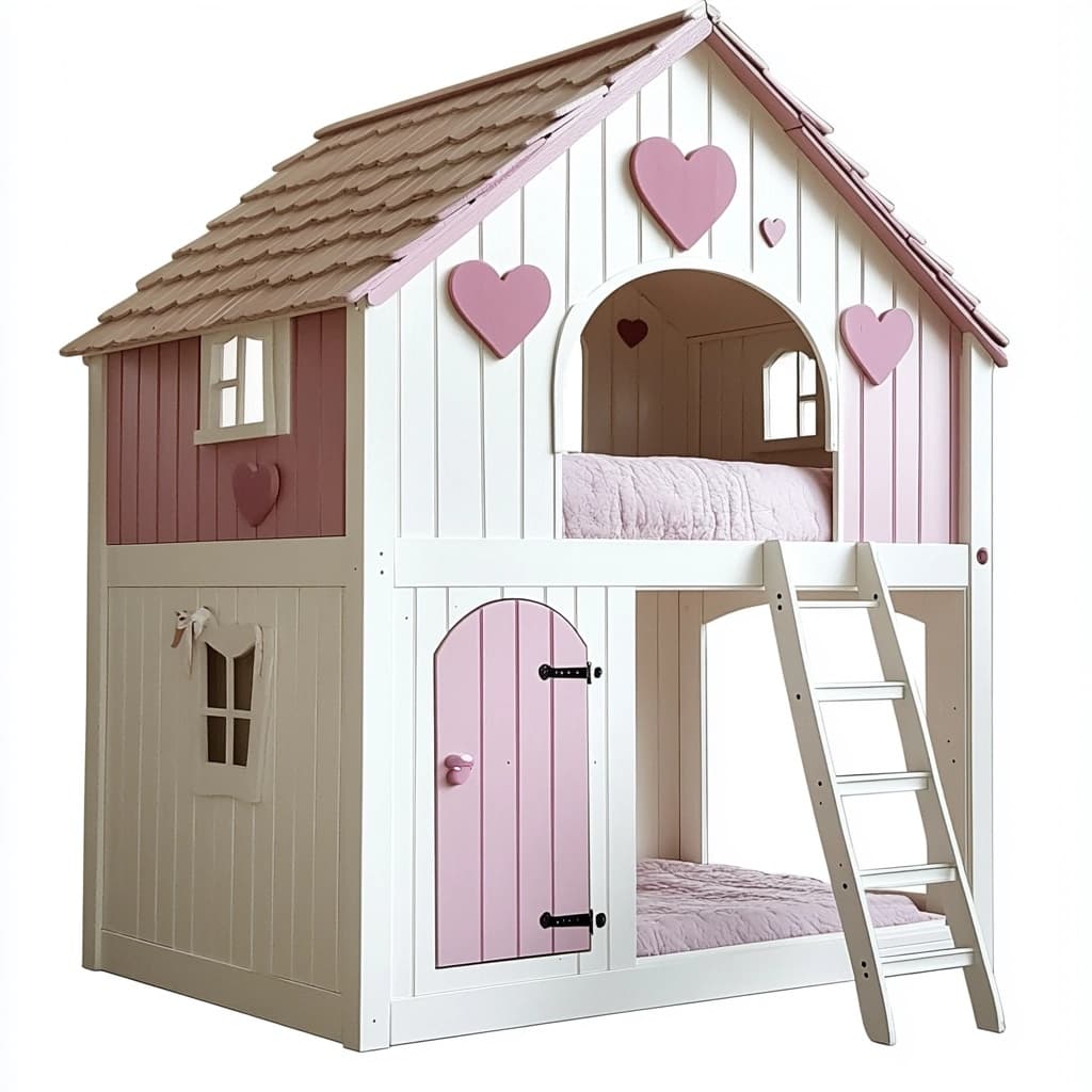 Cama Litera Infantil Casa Madera 210x135x210 cm Pino Rosa/Blanco