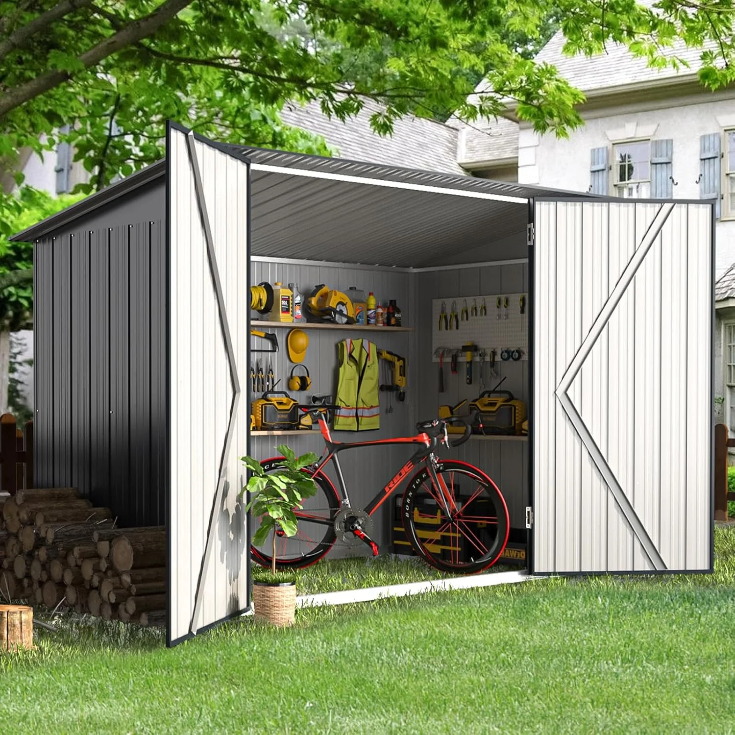 YODOLLA Outdoor Storage Shed, 3 x 7 Ft Bike Sheds & Outdoor Storage, Small Metal Outdoor Storage Cabinet for Garden - Image 4