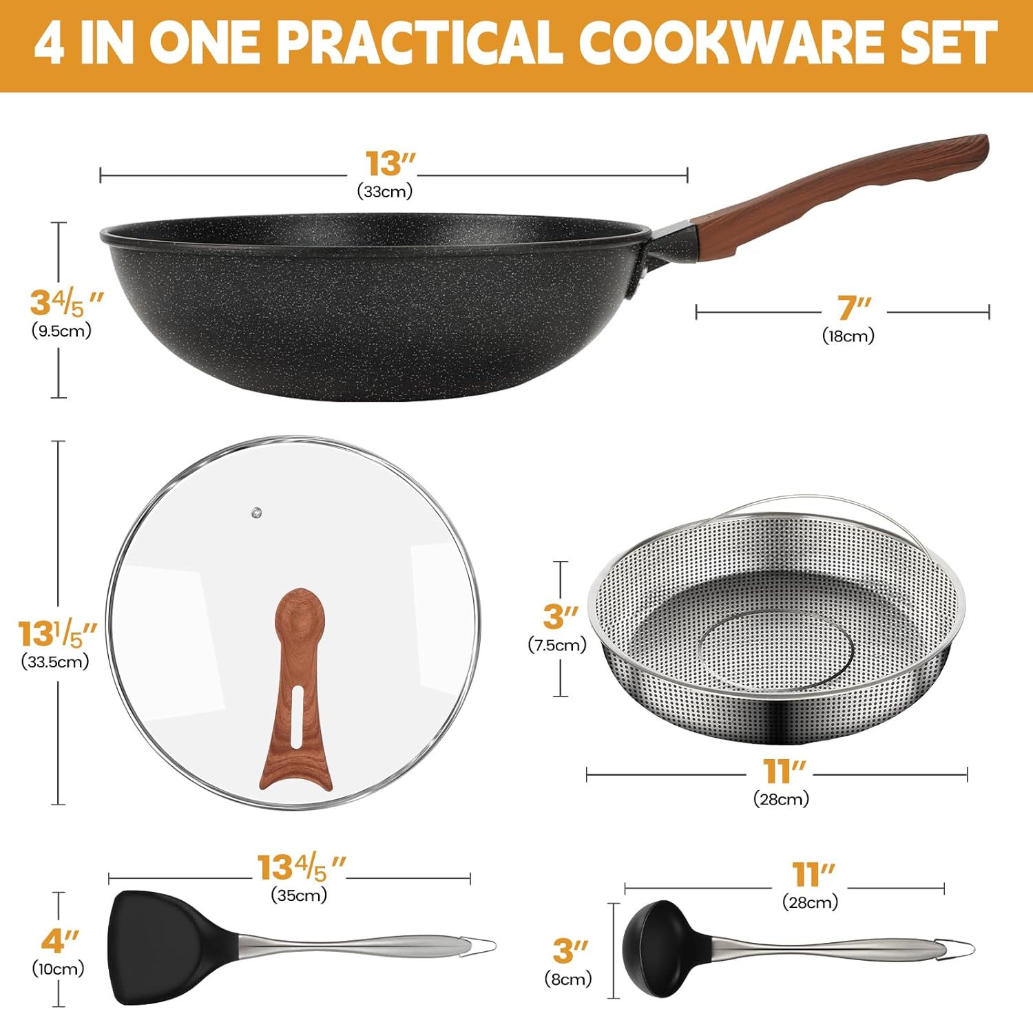 Nonstick Wok with Lid, 13 Inch Woks & Stir-fry Pan, Granite Stone Coating for Cooking, Induction Wok Pan for Electric, Gas, Halogen, All Stoves, 100% PFOA Free
