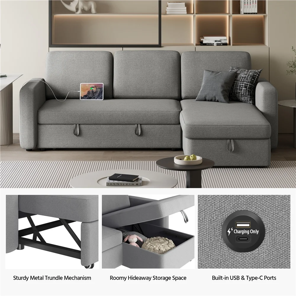 Alden Design Reversible Sectional Sofa with USB & Type-C Ports for Livingroom, Light Gray - Image 10
