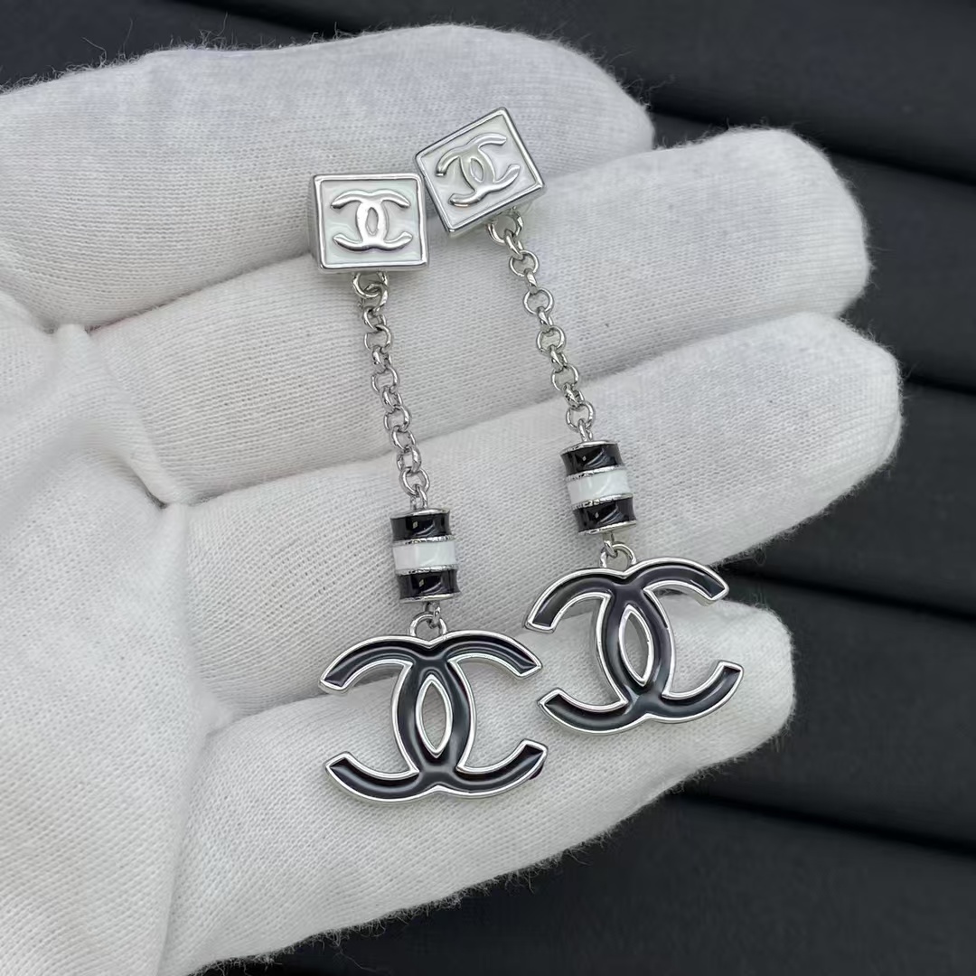 Chanel Black White Enamel Chain Tassel with Double C Earrings - Original Replica Club