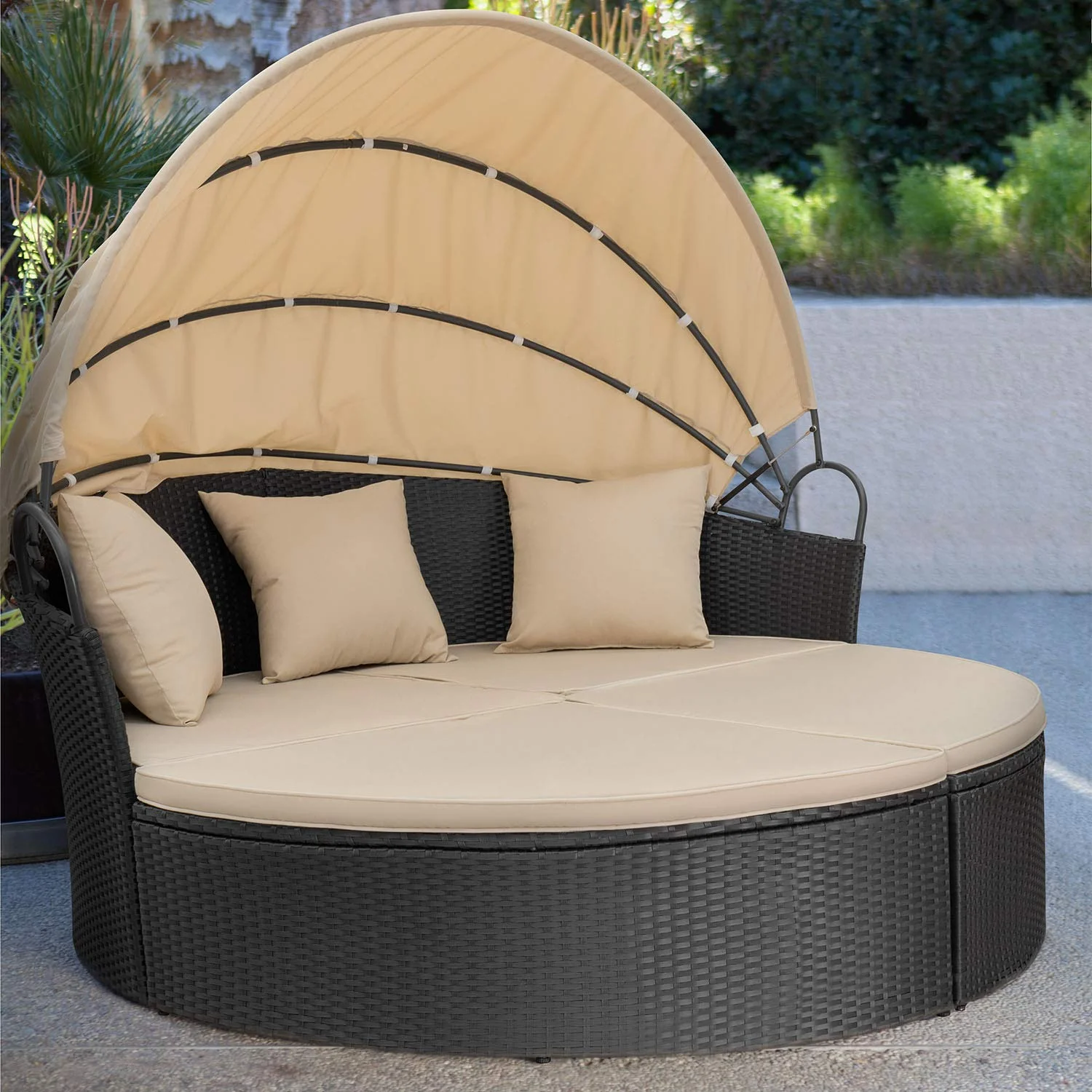 Lacoo Outdoor Patio Round Daybed with Retractable Canopy Wicker Furniture Sectional Seating with Washable Cushions for Patio Backyard Porch Pool Daybed Separated Seating (Beige) - Image 3