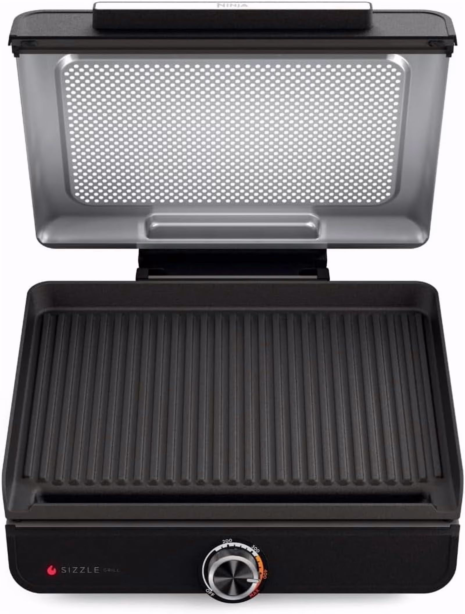 Ninja Sizzle Indoor Grill, 500-F High Heat Kitchen Grill with Nonstick 14 Inch Plate, Low-Smoke Technology, Edge-to-Edge Heating, Family-Sized Capacity, Countertop Cooking Tool (GR100)