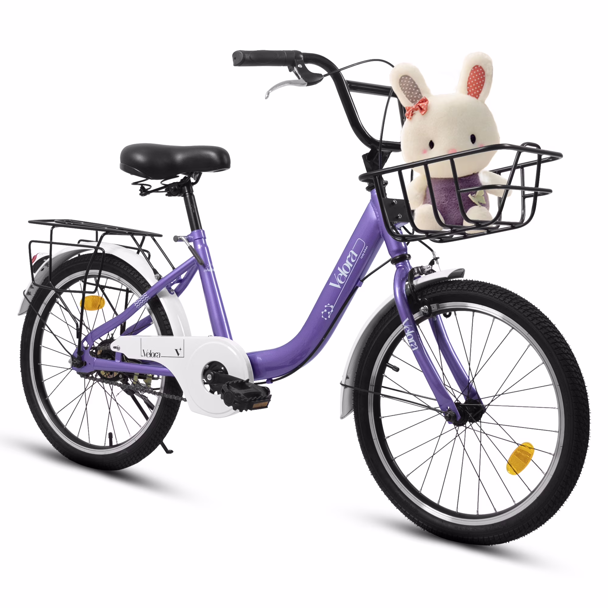 20 in Kids Bike for Boys Girls, 1 Speed Children Bicycle with Basket, Rear Seat, Chain Guard, Coaster Brake and V - Brake, Steel Frame Kids Bike for Ages 6 - 12 Years Old Birthday Gift, Purple(Green)