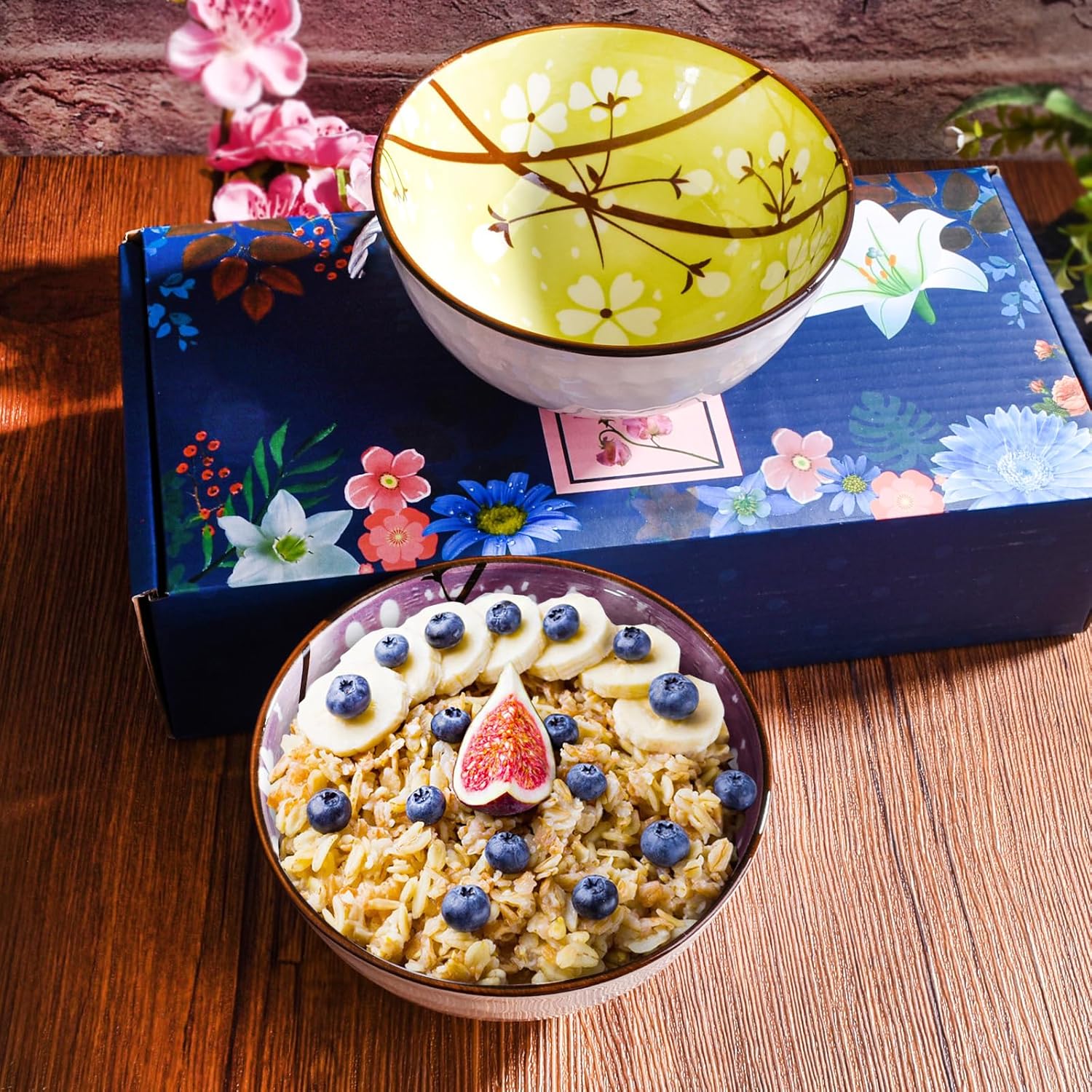 Japanese Cherry Blossom Ceramic Rice Bowl Set with Chopsticks Set of 2, Purple and Green