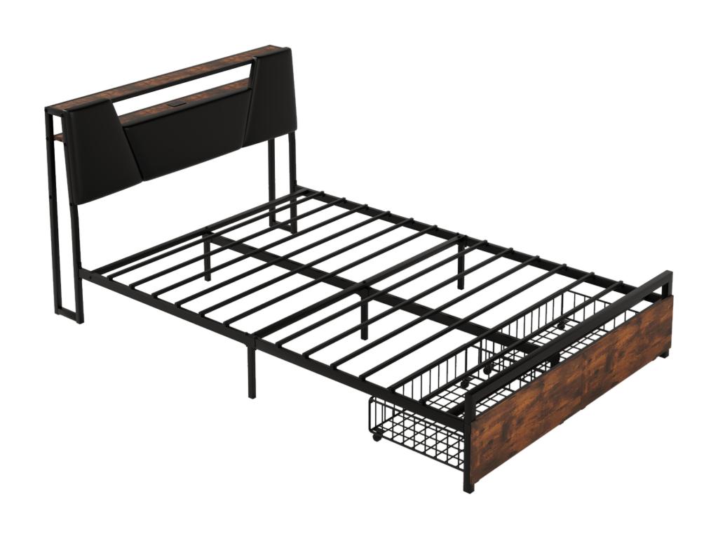 Cama 140 x 200 cm con estante de almacenamiento- Toma USB Nidolux- y MDF- Marrón