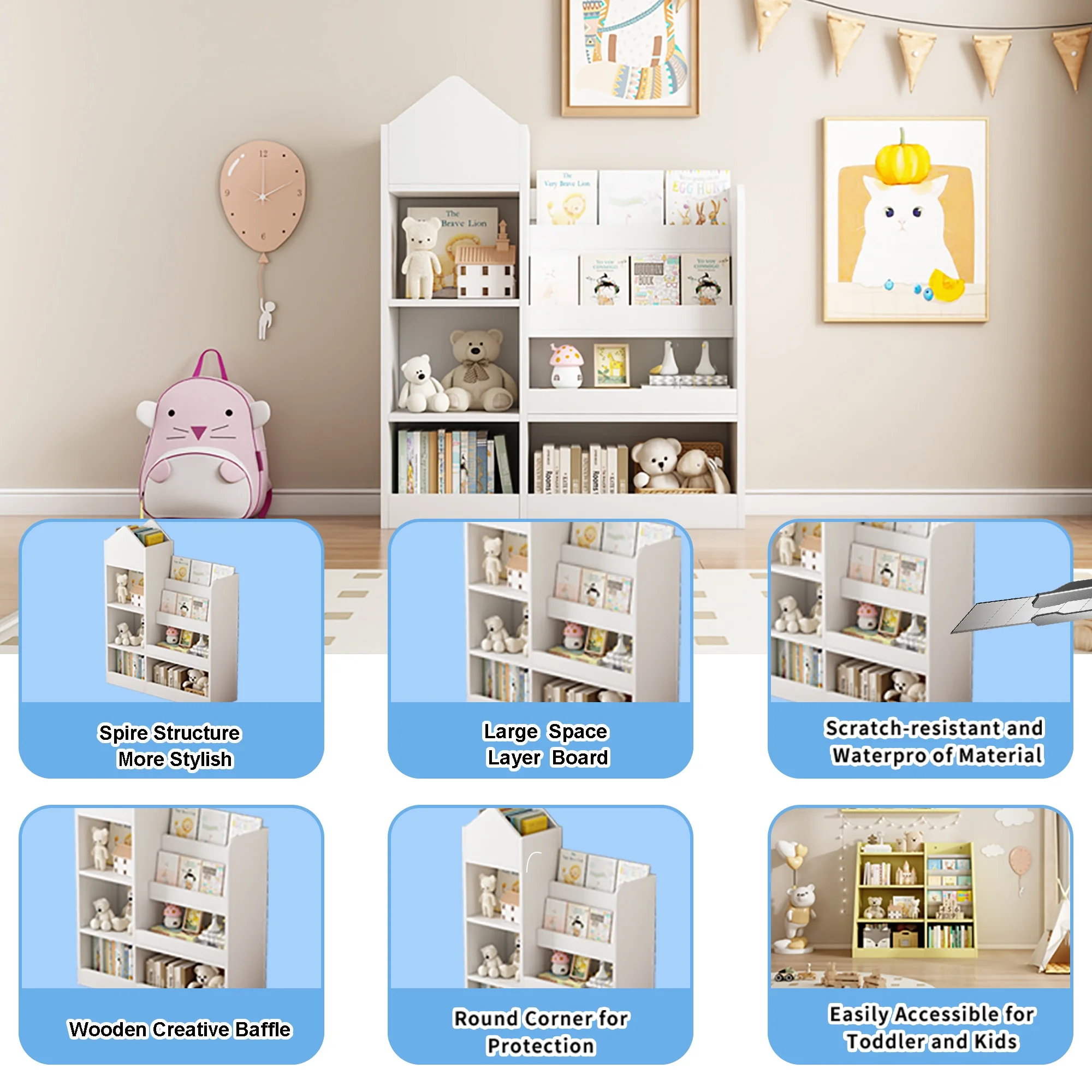 PAPROOS Kids Bookshelf, Wooden Kids Bookcase with Toy Storage Organizer Cabinet, Children Multi Shelf Cubby for Classroom, Kids Bedroom, Nursery, Wood - Image 21