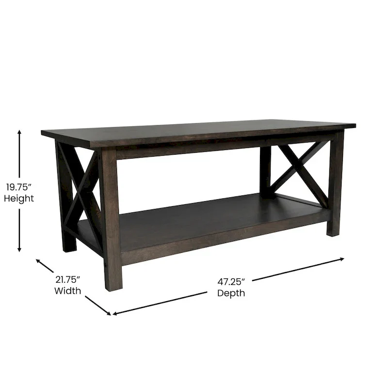 Farmhouse Coffee Table with Shelf and X-Frame Design