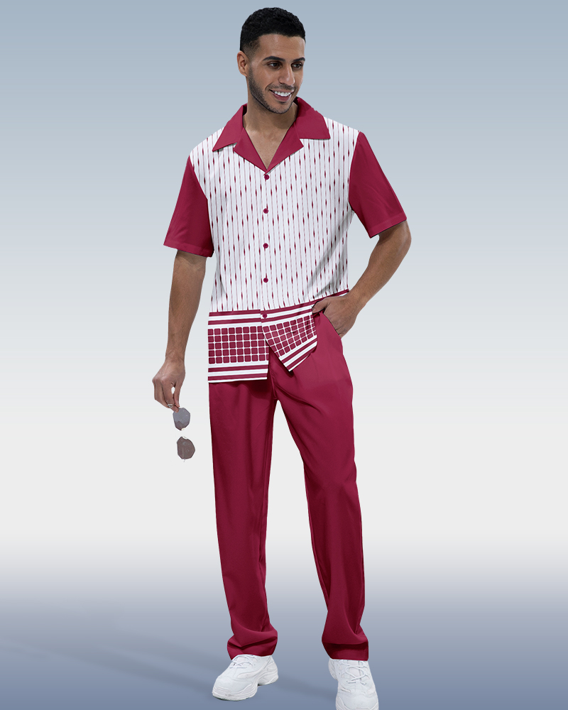 Suitmens Men's Burgundy Abstract Print 2-Piece Short Sleeve Suit