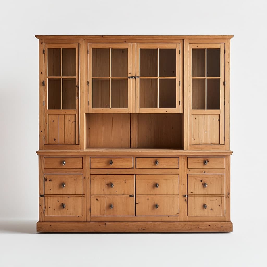 Aparador de Madera Maciza Natural con Puertas de Vidrio y Cajones 200x150x45 cm