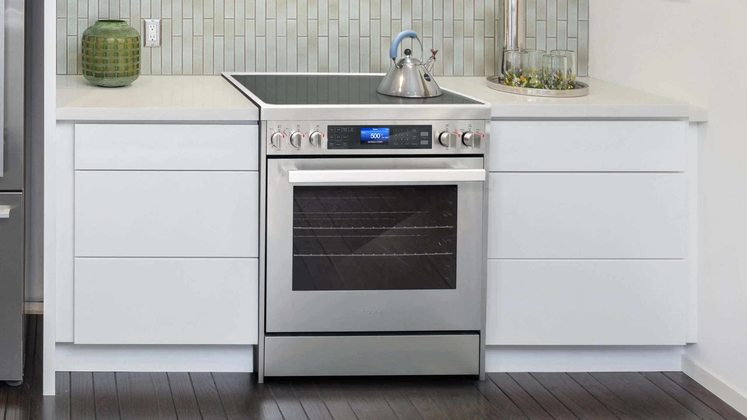 Cosmo 4 Piece Kitchen Appliance Package with 30" Freestanding Electric Range 30" Under Cabinet Range Hood 24" Built-in Integrated Dishwasher & French Door Refrigerator Kitchen Appliance Bundles