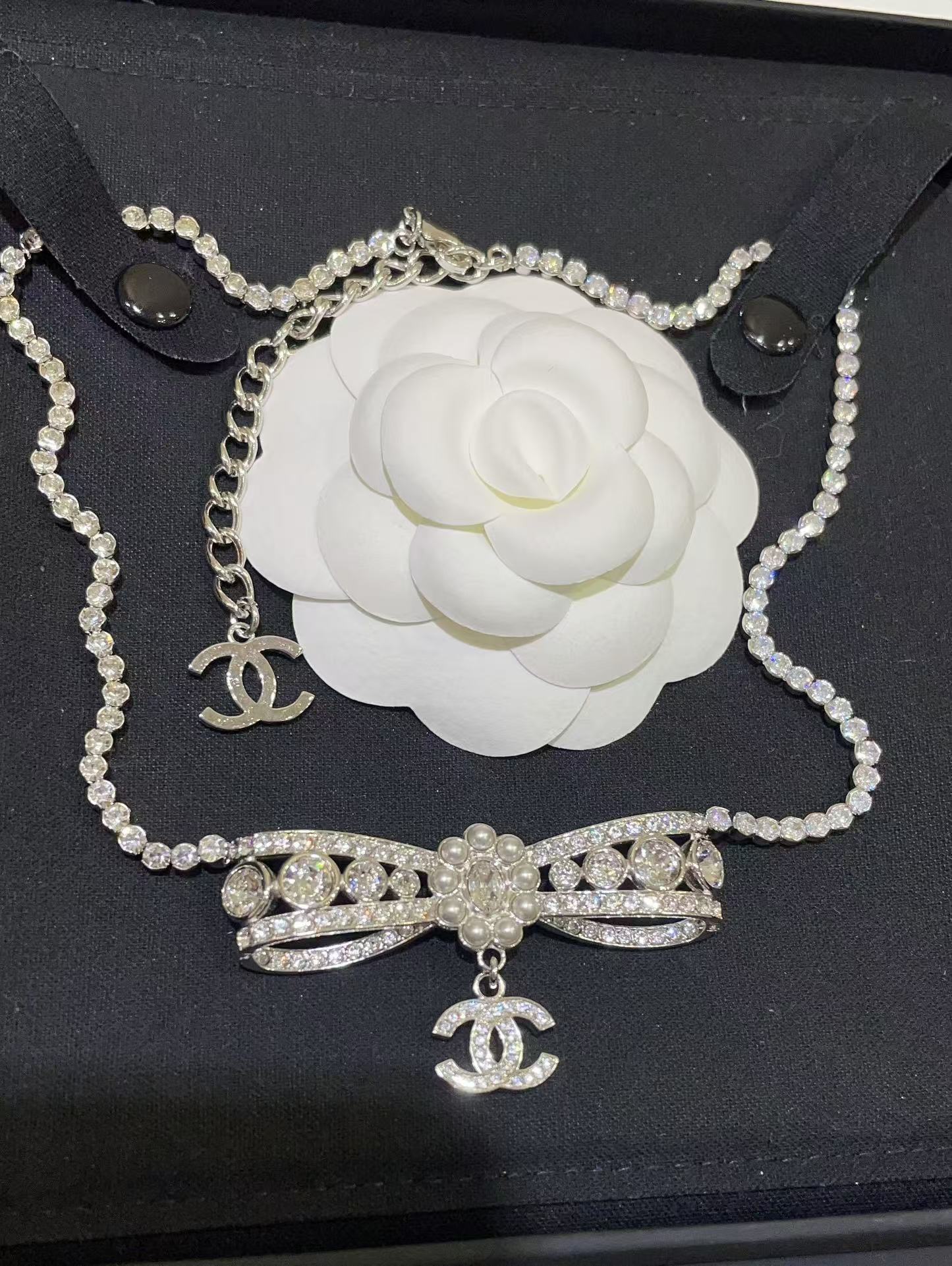 Chanel Rhinestone Strass Bowknot Pendant Necklace - Original Replica Club