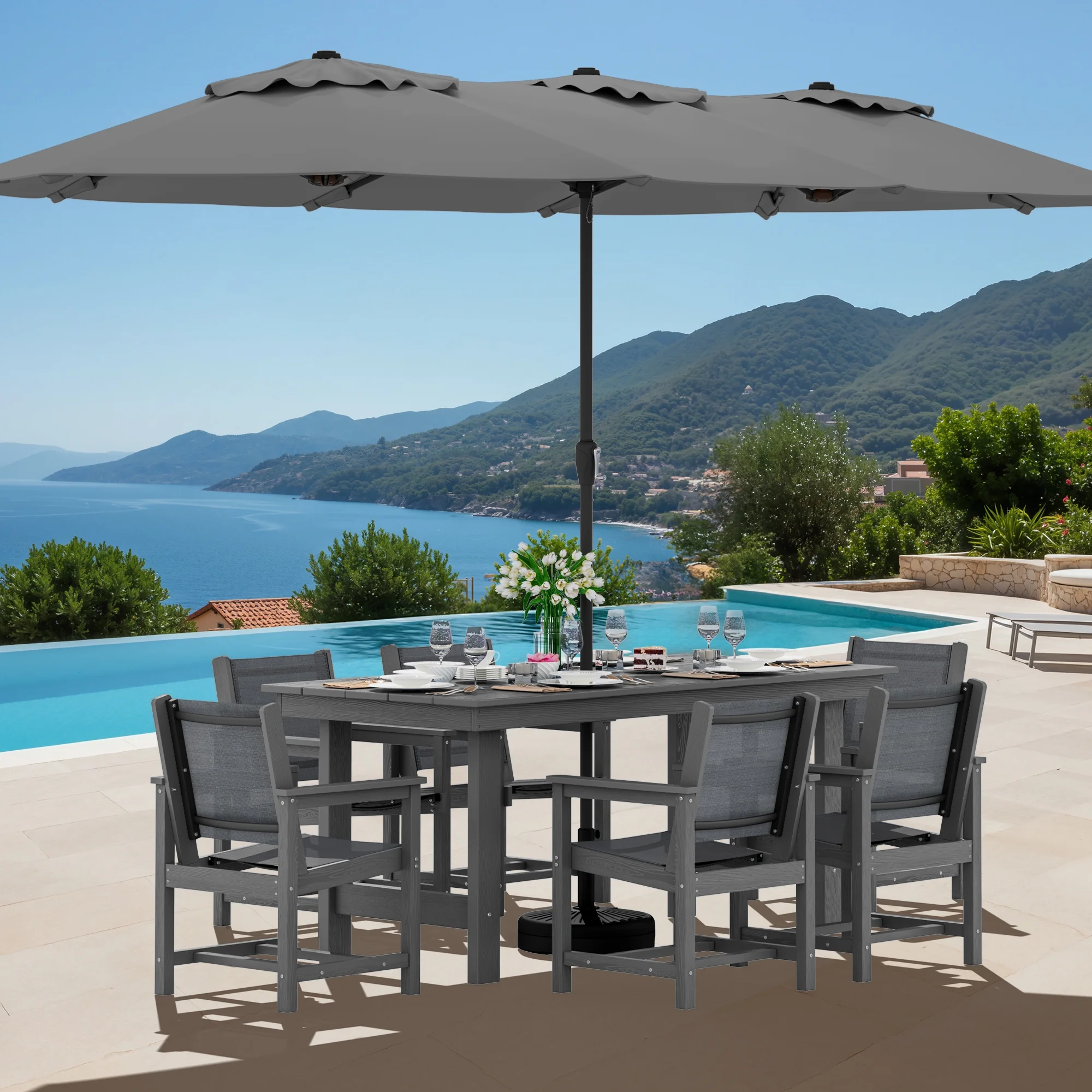 SERWALL Outdoor HDPE Dining Table Set, 7-Piece Outdoor Dining Table Sets with Umbrella Hole, Grey - Image 41