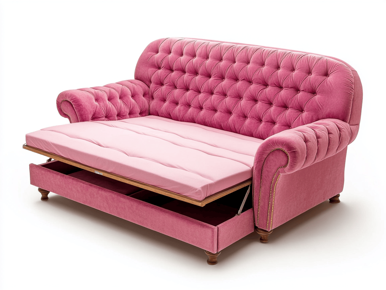 Sofá cama de terciopelo rosa con almacenamiento y estructura de madera