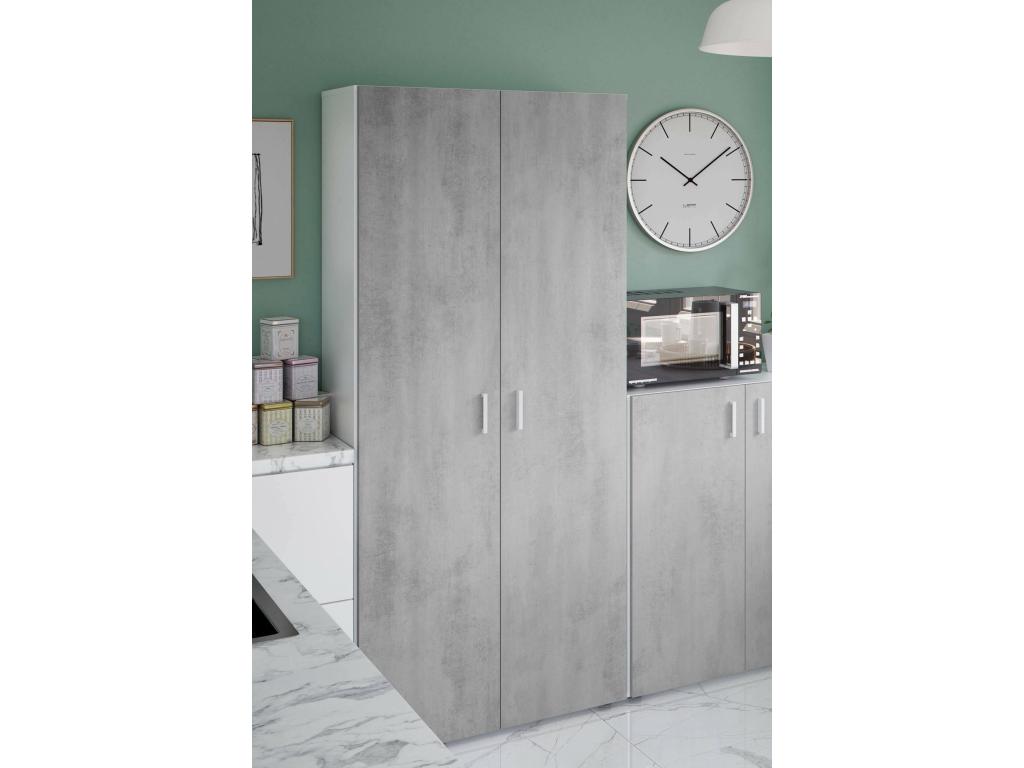 Armario multiusos Nestliq - Mueble auxiliar 2 puertas y 3 estantes - Armario escobero - 80x37h182 cm - Cemento y Blanco