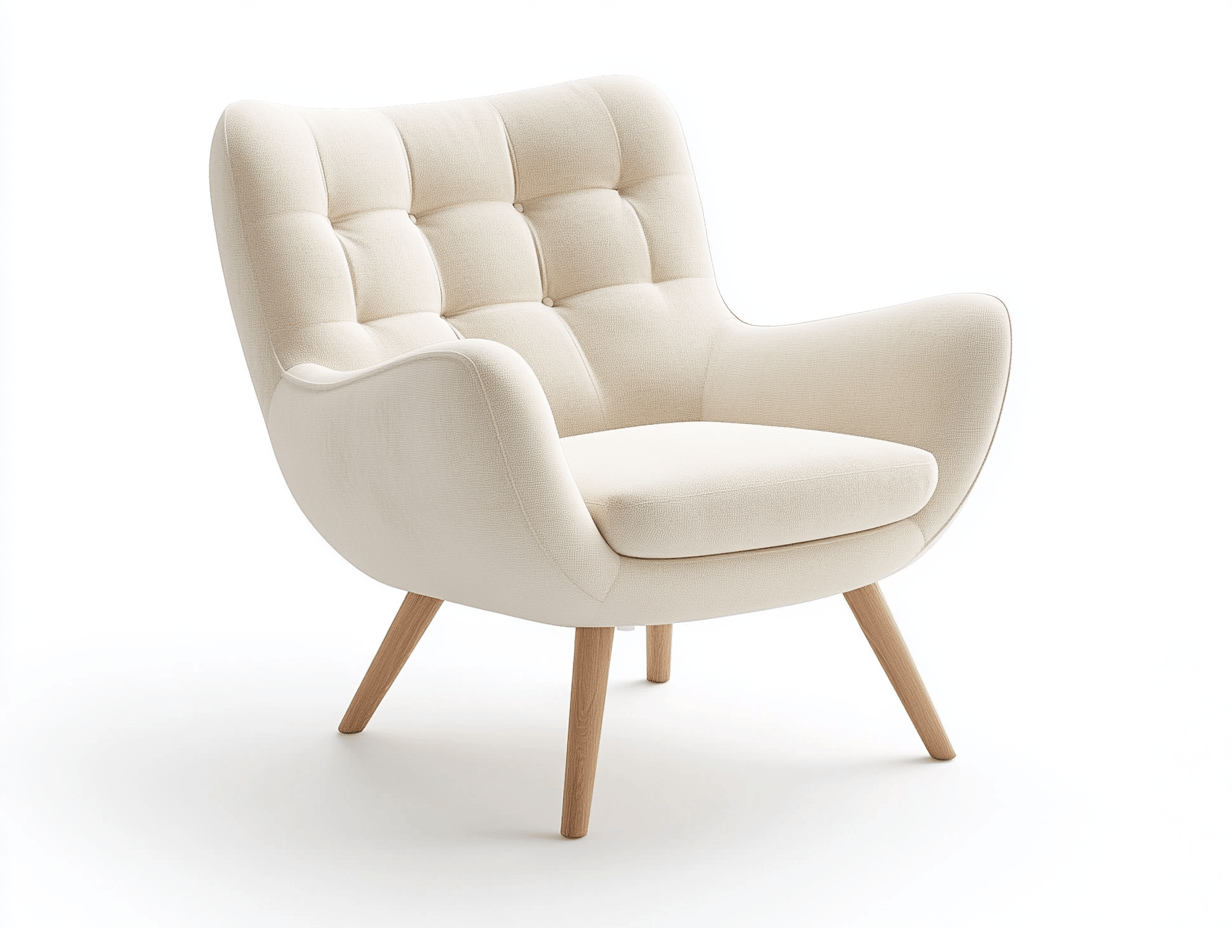 Sillón escandinavo tapizado – tela blanco roto 80×77×86 cm – con respaldo capitoné y patas de madera clara