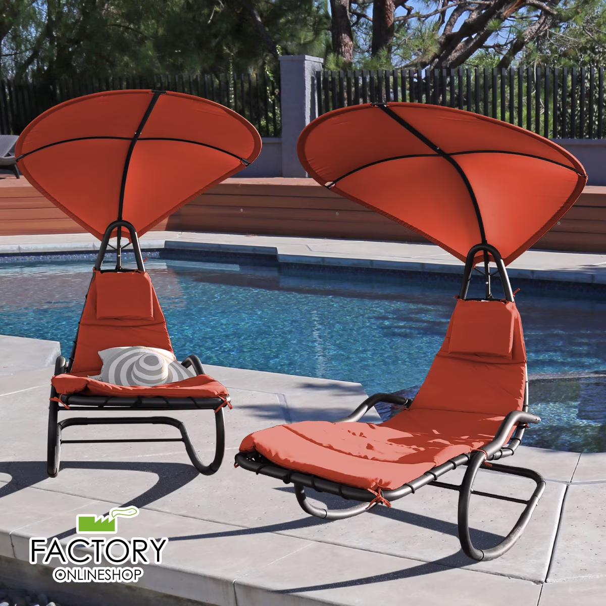 2X Rocking Hanging Lounge Chair - Curved Chaise Rocking Lounge Chair Swing For Backyard Patio w/ Built-in Pillow Removable Canopy with stand {Green} - Image 3