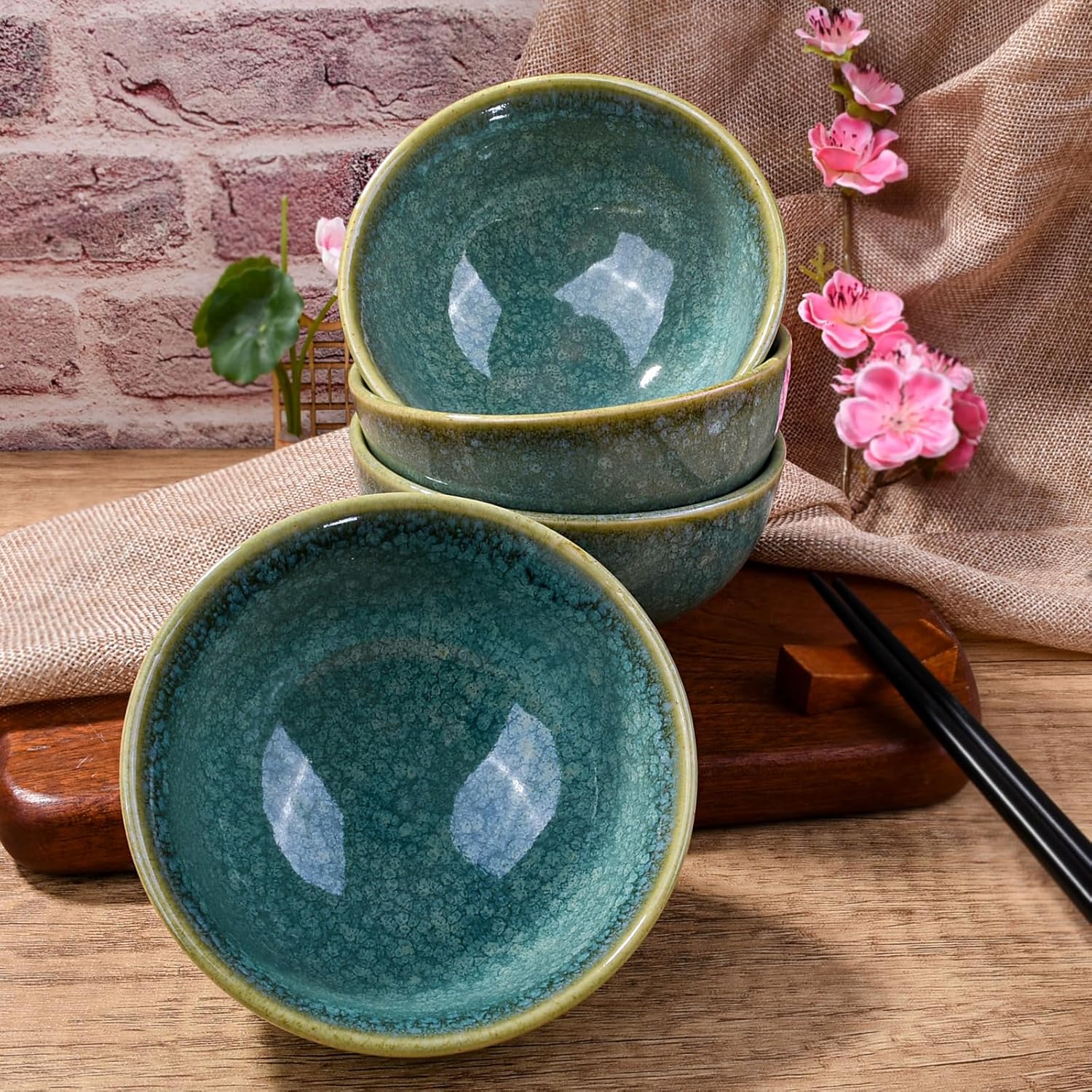 Porcelain Rice Bowls Ceramic Sushi Bowl Set of 4 Perfect for Soup Cereal Oatmeal Fruit Rice Microwave and Dishwasher Safe Green