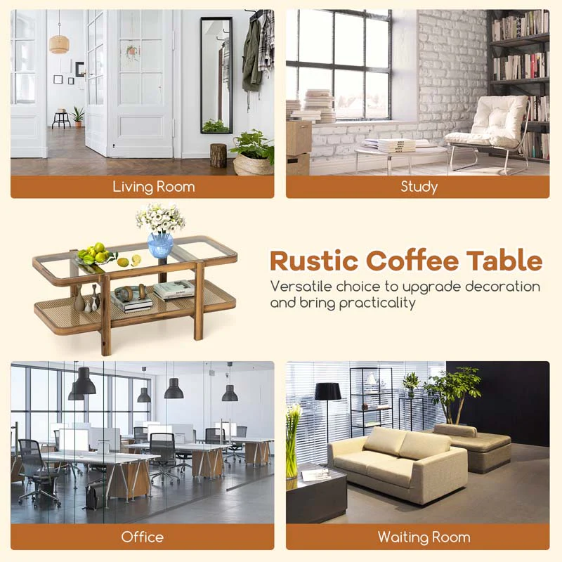 Eletriclife 2-Tier Coffee Table with Storage and Tempered Glass Tabletop