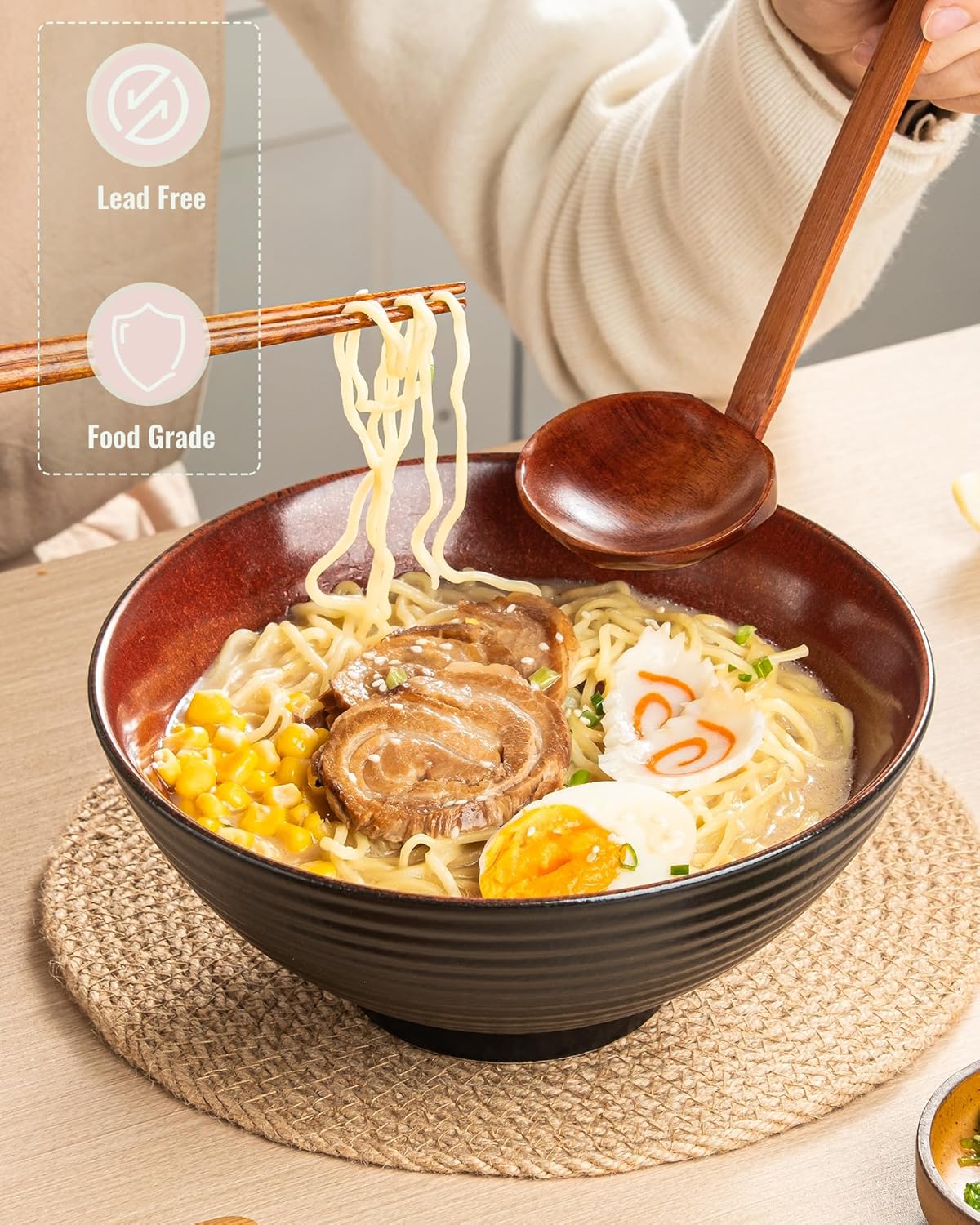 Large Japanese Ramen Bowl Set of 4, Material Safety Ceramic Ramen Bowls with Matching Chopsticks and Spoons, 8 Inch 40oz Pho Bowls Ramen Noodle Bowl for Asian Udon Soup Salad Cereal(Red)