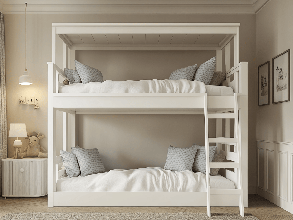 Litera doble de madera blanca con escalera frontal y barandillas de seguridad
