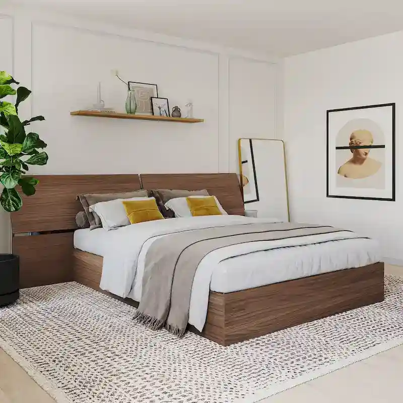 Walnut Nexera Storage Bed with Integrated Headboard