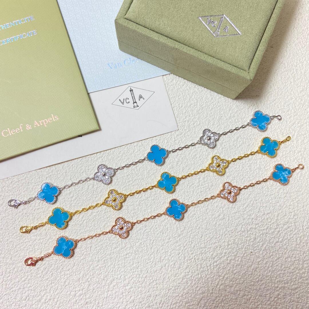 VCA Blue Larimar and Diamond Vintage Alhambra Bracelet, 5 Motifs - Original Replica Club