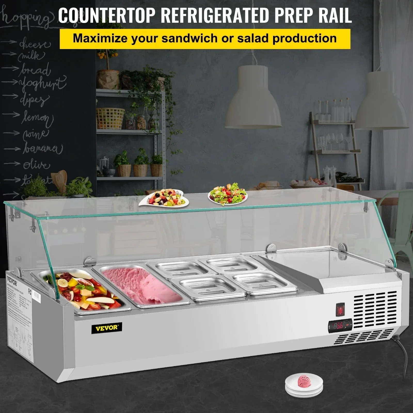 Refrigerated Condiment Prep Station, 48-inch, 10.8Qt Sandwich / Salad Prep Table w/ 3 1/3 Pans & 4 1/6 Pans, 146W Salad Bar w/ 304 Stainless Body Tempered Glass Shield Digital Panel Auto Defrost