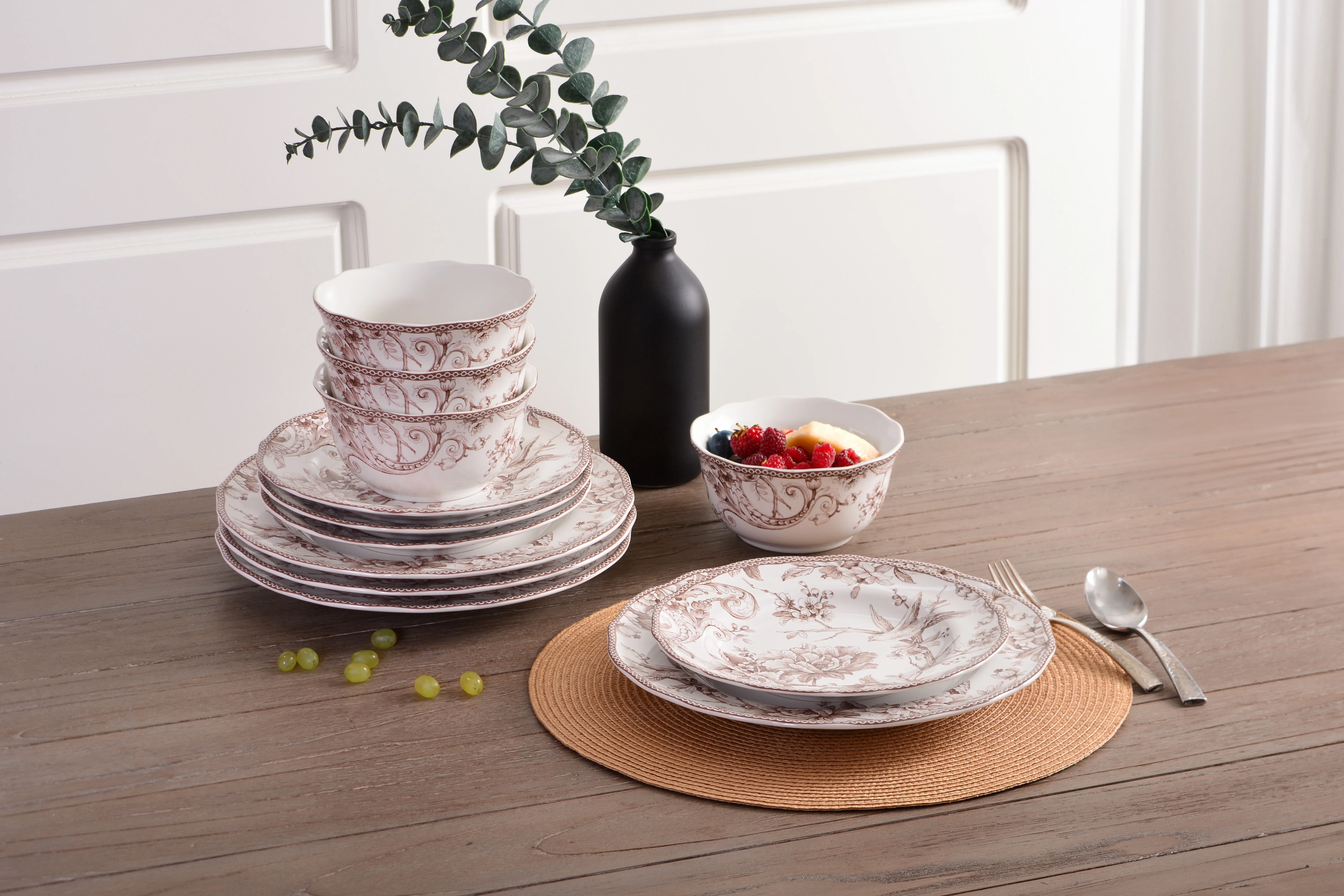 222 Fifth Adelaide Brown on White Porcelain 12 Piece Dinnerware Set, Plates & Bowls, Service for 4 - Image 6