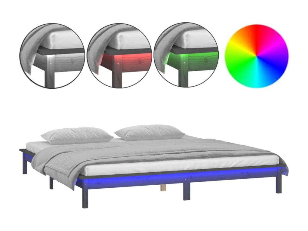 Estructura de cama doble con LED madera maciza gris 120x190 cm