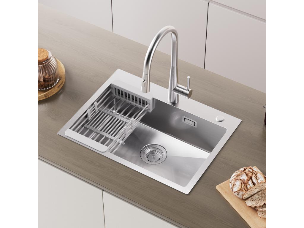 Fregadero de cocina de 1 seno, fregadero de acero inoxidable cepillado de 60×45×18CM con cesta de drenaje + grifo mezclador de cocina plegable negro