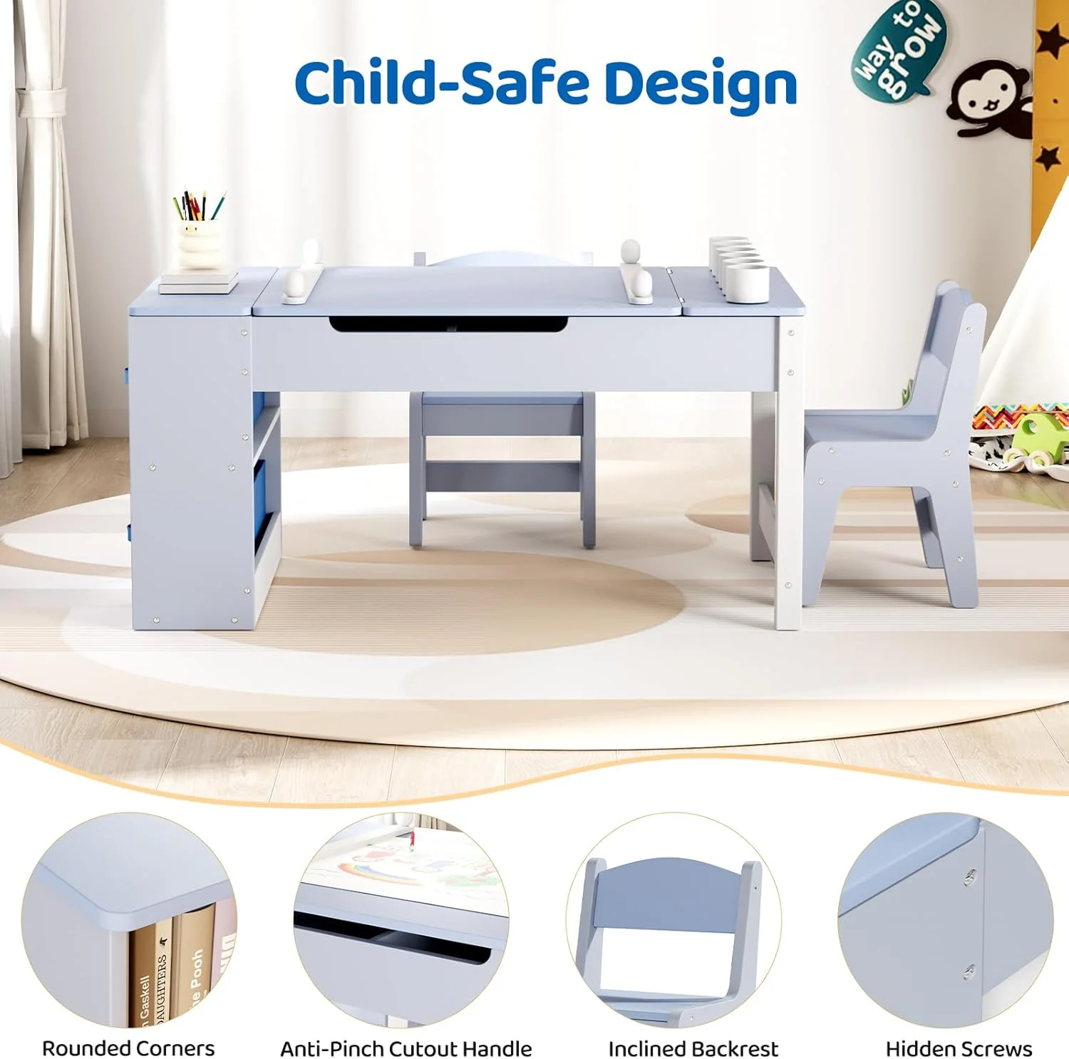 LAZY BUDDY Kids Art Table and 2 Chairs Set, 2 in 1 Easel & Toddler Craft Table and Chairs Set with Storage Bins, Paint Cups and Paper Roll, Activity Table Set for Children 3+ - Image 7